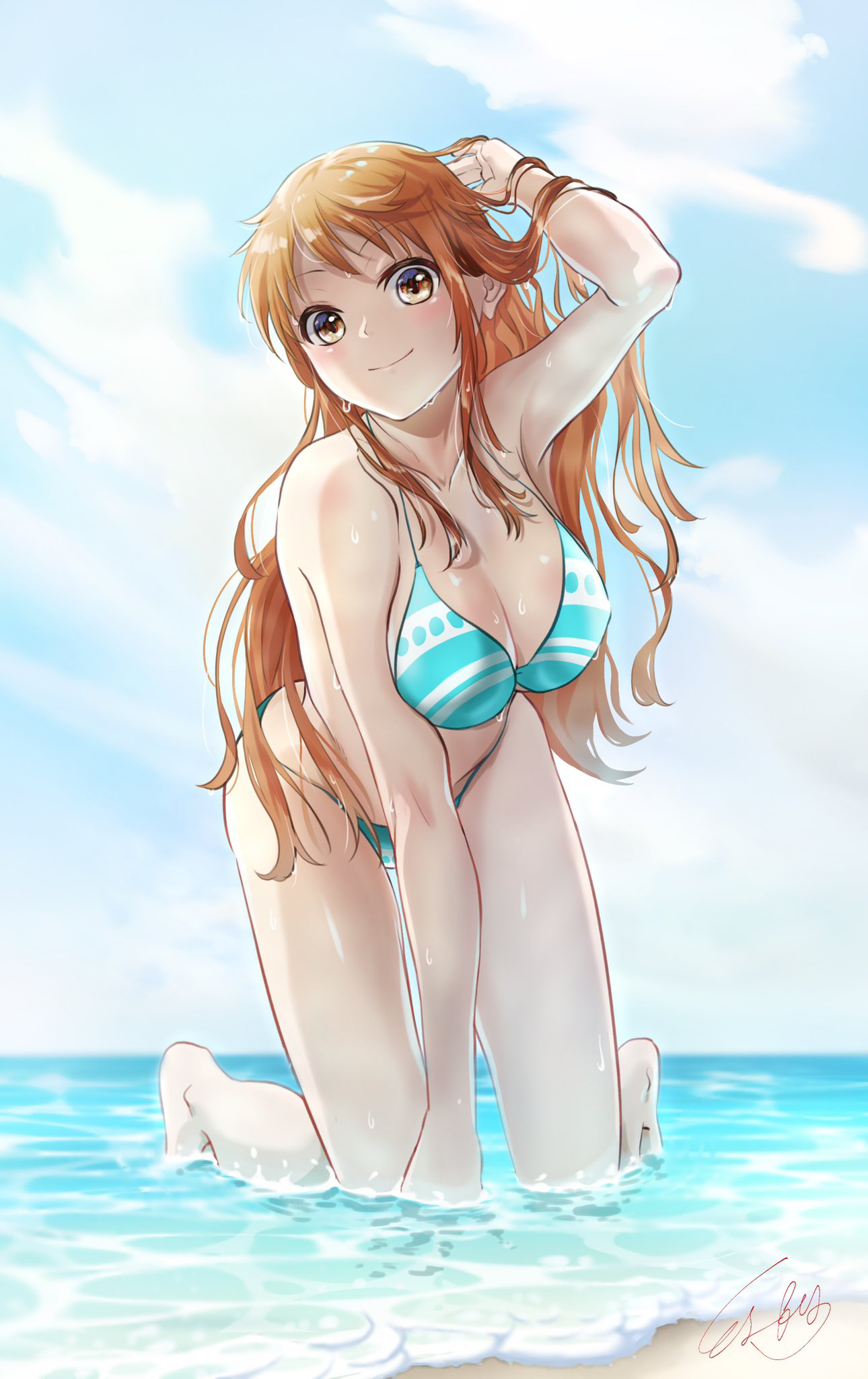1girls, all fours, bare arms, bare legs, barefoot, beach, big breasts, bikini, blue bikini, blue sky, blush, blush lines, blushing, blushing at viewer, breasts, brown eyes, brown hair, cleavage, closed mouth, cloud, collarbone, day, female, female focus, female only, hand in own hair, head tilt, hi res, high resolution, highres, l-phy, light skin, light-skinned female, long hair, looking at viewer, medium breasts, nami (one piece), ocean, one piece, outdoors, post-timeskip, shiny, shiny clothes, shiny hair, shiny skin, signature, sky, smile, solo, solo female, solo focus, straight hair, striped, striped bikini, swimsuit, very long hair, wet, wet body, wet clothes, wet skin