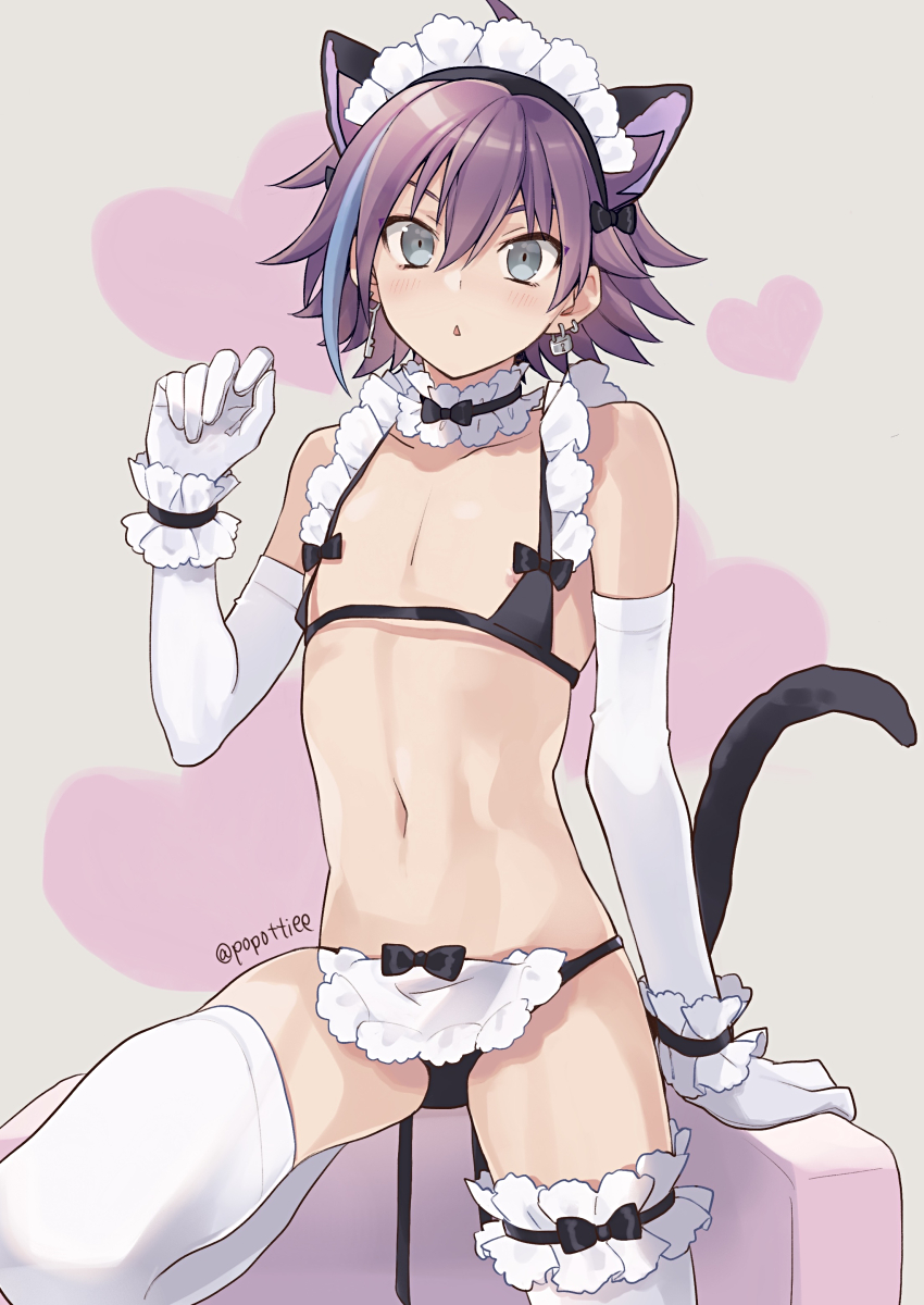 1boy animal_ears arm_support bikini black_bikini black_bow bow cat_boy cat_ears cat_tail catboy collarbone commentary_request crossdressing earrings elbow_gloves femboy feminine feminine_male frilled_thighhighs frills girly gloves grey_background grey_eyes hair_between_eyes hand_up heart highres hiiragi_jun jewelry lock lock_earrings looking_at_viewer maid maid_headdress male_focus micro_bikini nipple_slip nipples onegai_my_melody otoko_no_ko otokonoko parted_lips potti-p purple_hair sanrio short_hair simple_background solo stomach swimsuit tail thighhighs trap twitter_username white_gloves white_thighhighs