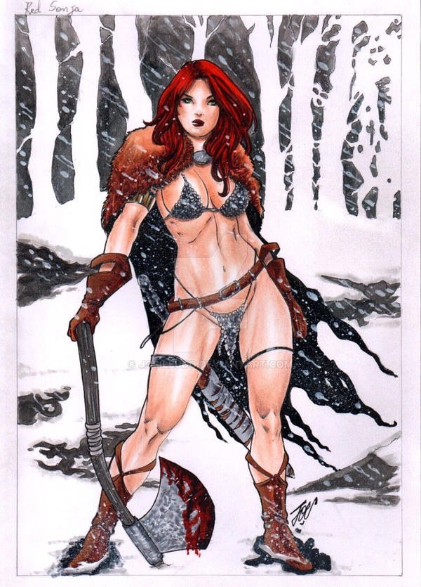 1girls axe blood boots chainmail chainmail_bikini cleavage fit_female gloves green_eyes joe_lima large_breasts red_hair red_sonja red_sonja_(comics) snow