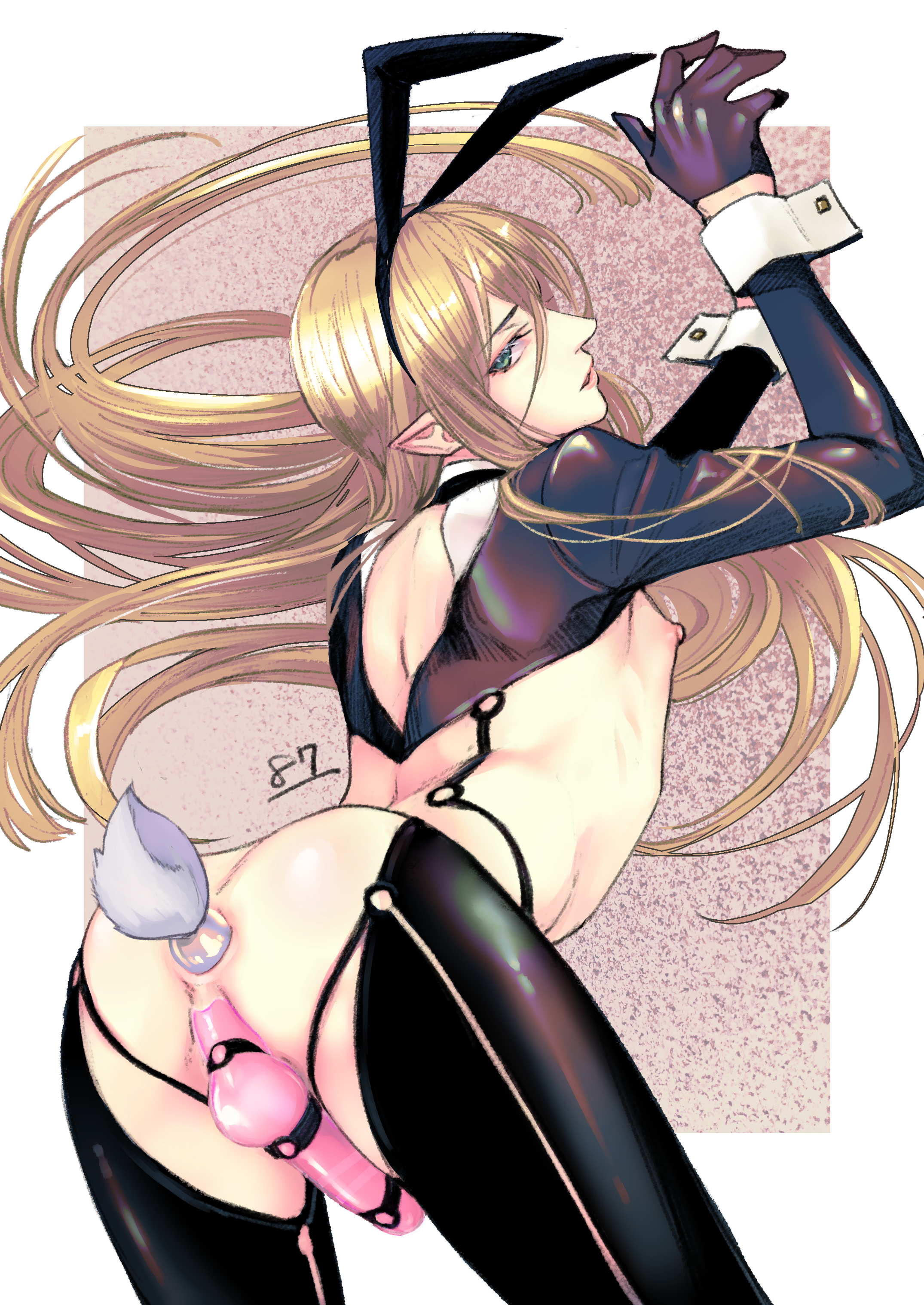 1boy, 2021, alternate version available, anal plug, ass, balls, blonde hair, bunny ears, bunny tail, buttplug, buttplug tail, crossdressing, femboy, girly, long hair, male, nipples, no panties, original, original character, pointy ears, reverse bunnysuit, reverse outfit, testicles, thighs, trap, twink, wrist cuffs, yanami (yanayana company), yellow hair