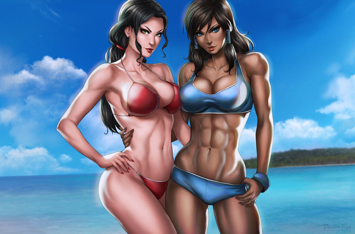 2girls, abs, absurdres, alternate breast size, arm around waist, asami sato, avatar legends, beach, bikini, black hair, blue eyes, breasts, brown hair, canon couple, casual, chocolate and vanilla, dandon fuga, dark skin, dark-skinned female, female, female only, fit, fit female, green eyes, hairless pussy, hand on hip, highres, hourglass figure, korra, large breasts, light skin, light-skinned female, looking at viewer, medium breasts, multiple females, multiple girls, muscular, muscular female, nickelodeon, ocean, pale skin, pussy, smooth skin, swimsuit, the avatar, the legend of korra, water tribe, wristwear