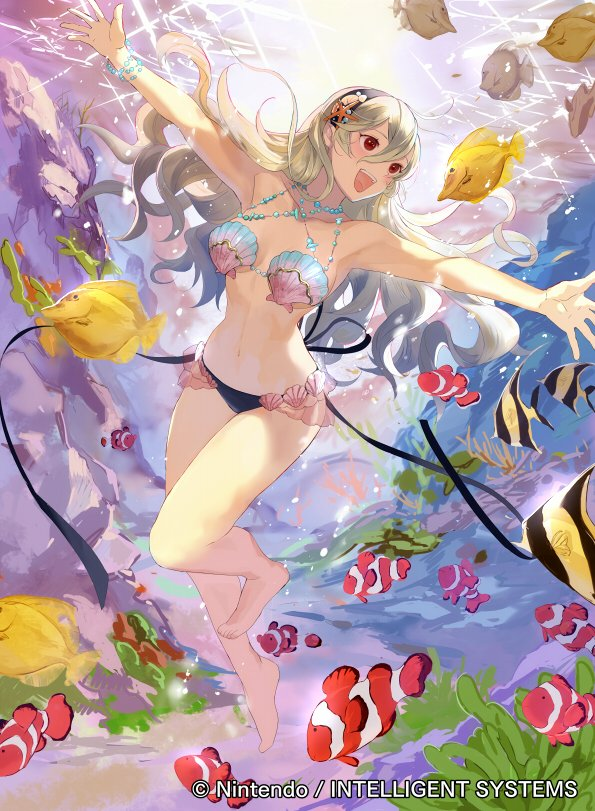 1girls alternate_costume arms_stretched bikini corrin_(fire_emblem) corrin_(fire_emblem)_(female) corrin_(summer)_(fire_emblem)_(female) female female_only fire_emblem fire_emblem_cipher fire_emblem_fates fish flower_in_hair gray_hair mayo_(becky2006) nintendo official_alternate_costume official_art open_mouth red_eyes seaweed shell_bikini solo swimming swimsuit underwater