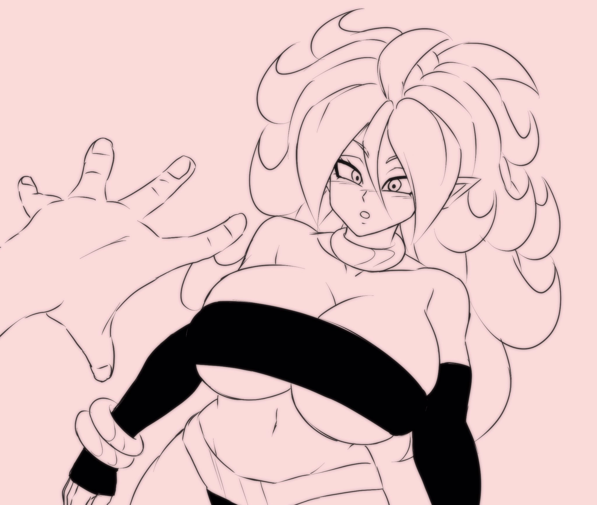 android 21, android 21 (good), big breasts, blush, breasts, darwaarts, disembodied hand, disembodied limb, dragon ball, dragon ball fighterz, female, gigantic breasts, huge breasts, majin android 21, massive breasts, midriff, navel, nervous, pink background, reaching out, tight clothing, tube top, wavy hair