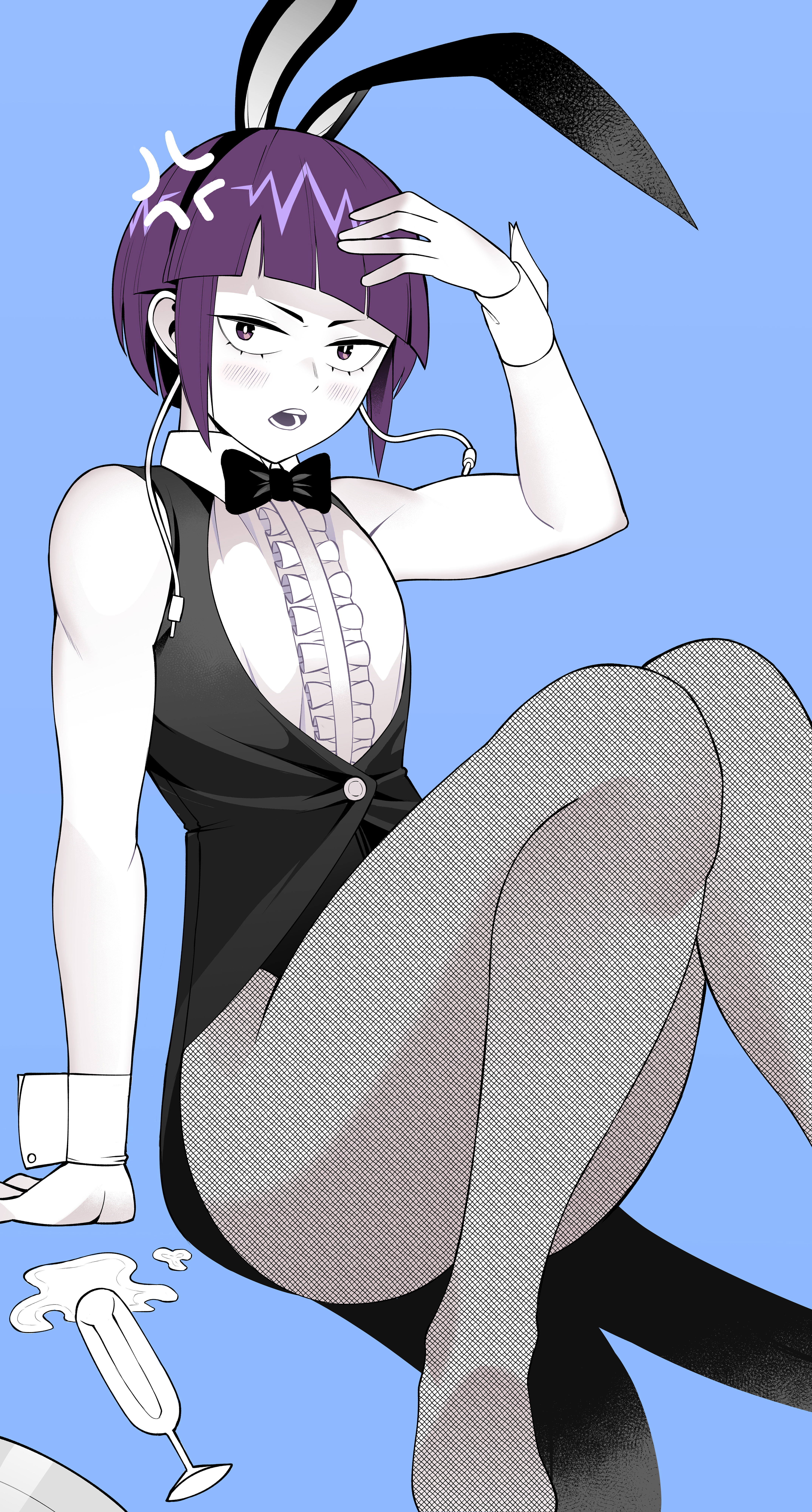 1girls, angry, bowtie, breasts, bunny ears, bunny girl, bunnysuit, fake animal ears, female, female only, fishnets, flat chest, flat chested, kopam, kyoka jiro, looking at viewer, my hero academia, open mouth, purple hair, purple-haired female, short hair, sitting, small breasts, solo, spilled drink, thick thighs, thighs