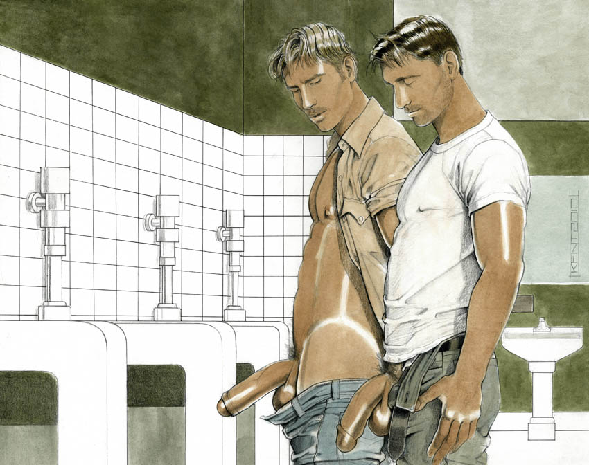 2boys clothed dicks_out gay human human_only kentartwork male male/male male_focus male_only public_restroom urinal yaoi