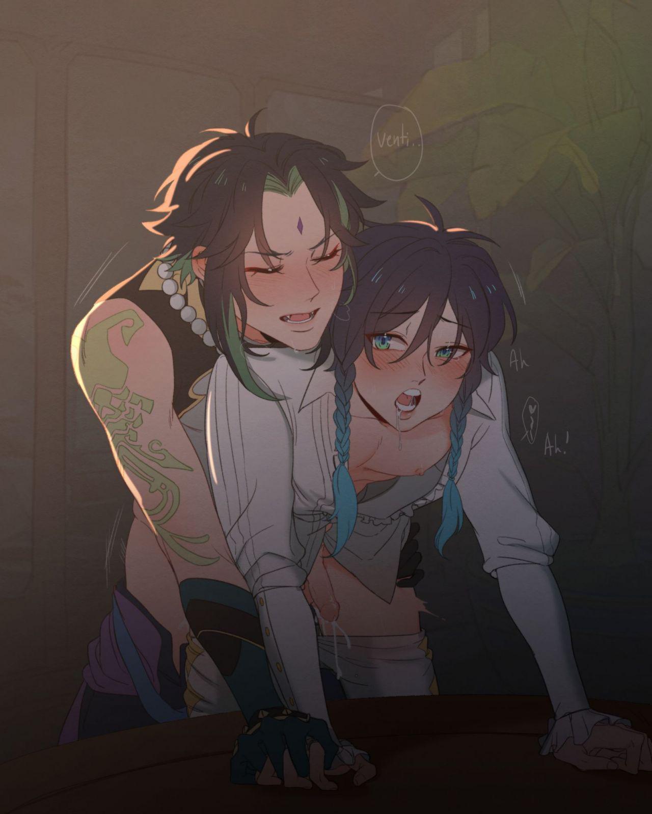 2boys, aqua eyes, artist request, fangs, genshin impact, male, male focus, male only, moaning, nipples, tattoo, twin braids, two-tone hair, venti (genshin impact), xiao (genshin impact), yaoi