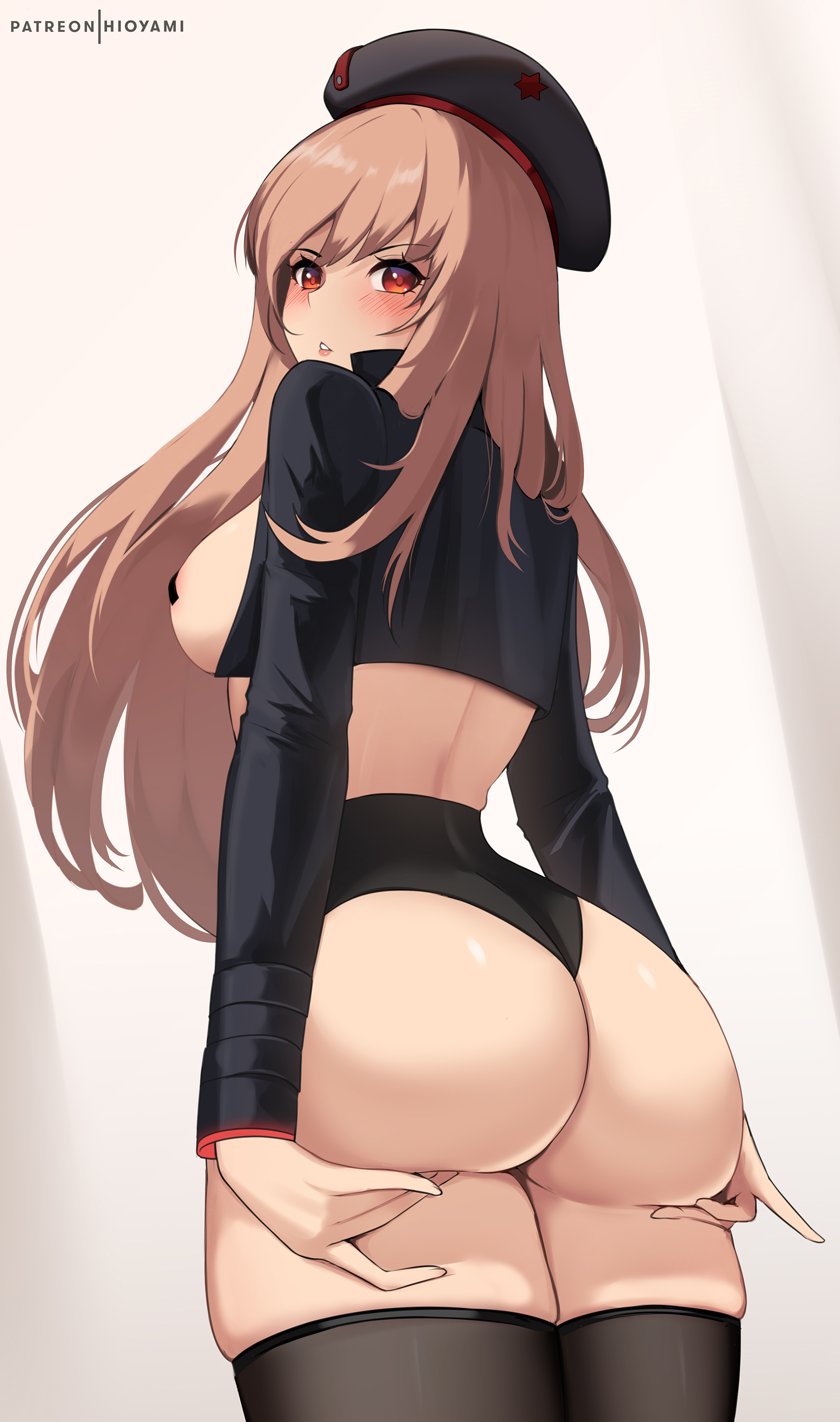 1girls, ass, back, back view, breasts, brown eyes, brown hair, bubble ass, bubble butt, cropped jacket, female, goddess of victory: nikke, hat, hi res, hioyami, hips, huge ass, large breasts, light skin, light-skinned female, long hair, looking at viewer, pasties, rapi (nikke), slim waist, thick thighs, thighhighs, thighs, wide hips