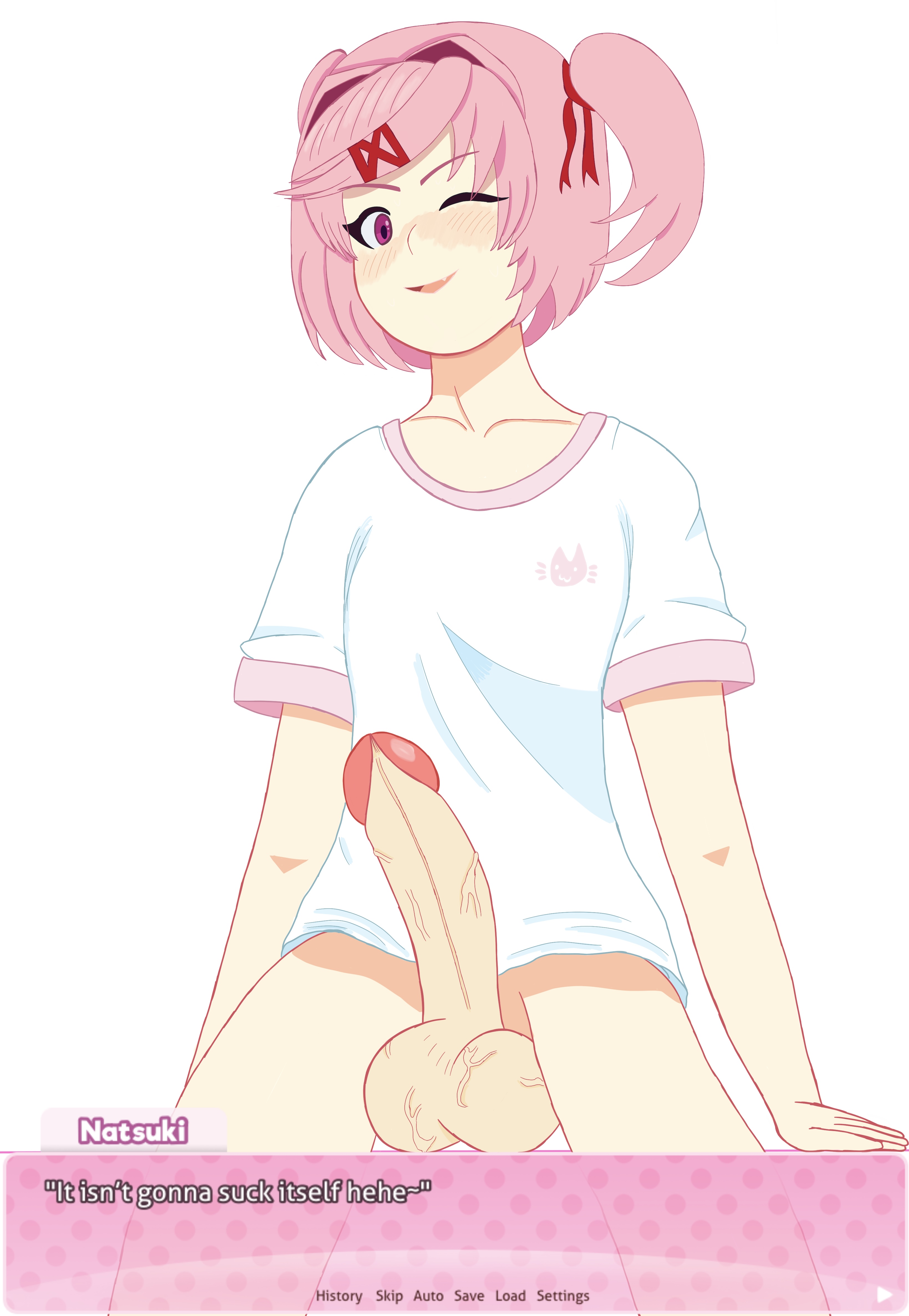 1futa, balls, ballsack, big penis, bottomless, clothed, clothing, cute, ddlc text box, dialogue, doki doki literature club, english text, erection, futa only, futadom, futanari, human, intersex, large penis, light skin, light-skinned futa, looking at viewer, looking down, macky06 (artist), natsuki (doki doki literature club), no panties, no underwear, open mouth, partially clothed, penis, pink eyes, pink hair, ribbon, shirt, short hair, solo, standing, sweat, talking to viewer, text, twintails, wink, winking at viewer