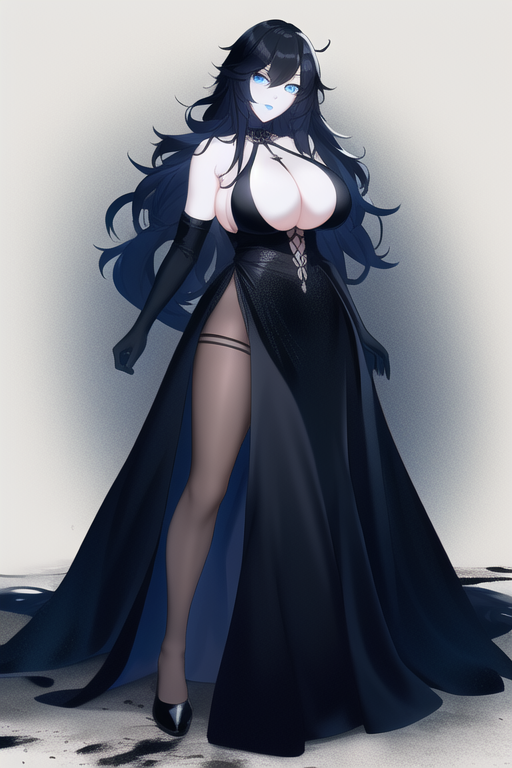 1girls ai_generated big_breasts black_hair blue_eyes breasts cleavage dress elbow_gloves female high_heels long_hair nai_diffusion raindle_oc solo solo_female solo_focus stable_diffusion yvaine_(raindle)