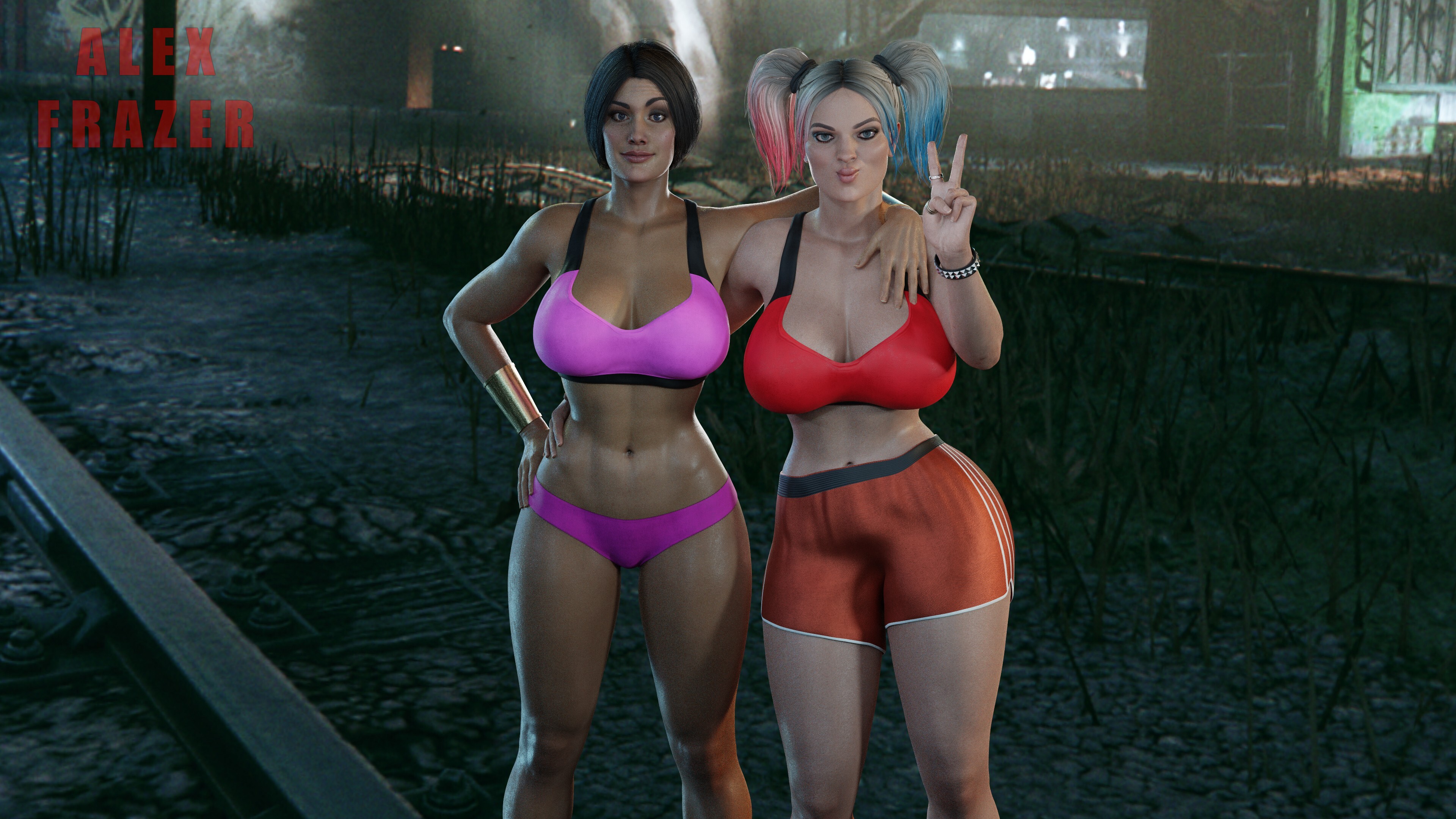 2girls, 3d, abs, alexfrazer, batman (series), big breasts, breasts, clothed, dc, dc comics, diana prince, female, female only, harley quinn, harley quinn (injustice), injustice 2, large breasts, multiple females, multiple girls, peace sign, photo, pose, sports bra, sports shorts, wonder woman, wonder woman (injustice), wonder woman (series), workout clothes