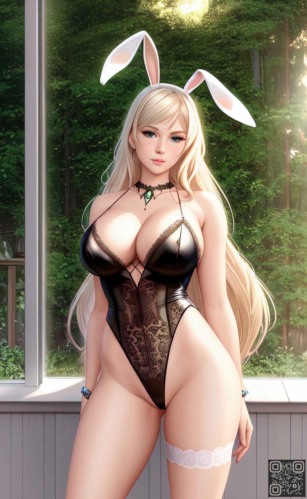 1girls, ai generated, blonde hair, bunny ears, bunny girl, bunny tail, bunnysuit, curvaceous, curvy female, curvy figure, female, female only, highres, light skin, light-skinned female, long hair, looking at viewer, original, pale skin, pale-skinned female, solo, solo female, stable diffusion, yellow hair