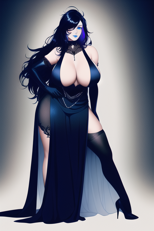 1girls ai_generated big_breasts black_hair blue_eyes breasts cleavage dress elbow_gloves female high_heels long_hair nai_diffusion raindle_oc solo solo_female solo_focus stable_diffusion yvaine_(raindle)