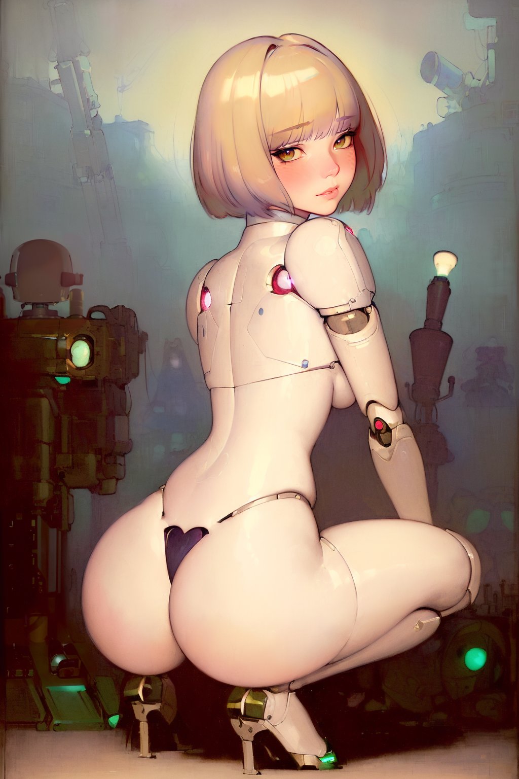 1girls, ai generated, android, ass, backboob, big ass, blonde hair, breasts, curvaceous, curvy female, curvy figure, female, female only, high heels, highres, looking at viewer, looking back, nai diffusion, original, robot, robot girl, robot humanoid, robot joints, robotic arm, solo, solo female, stable diffusion, voluptuous, voluptuous female, yellow hair