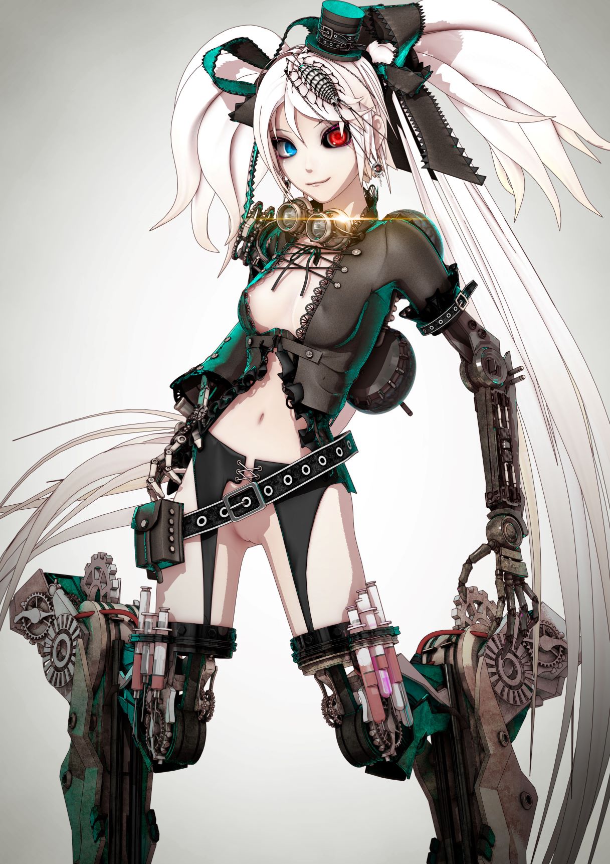 1girls black_garter_belt bottomless calne_ca clothed clothing cyborg deino_(artist) digitigrade female female_only garter_belt gear goggles goggles_around_neck gradient_background heterochromia looking_at_viewer maeda_koutarou medium_breasts nipple_bulge nipples_visible_through_clothing no_bra pussy robot_girl robot_humanoid robot_joints solo_female standing very_long_hair white_background white_hair