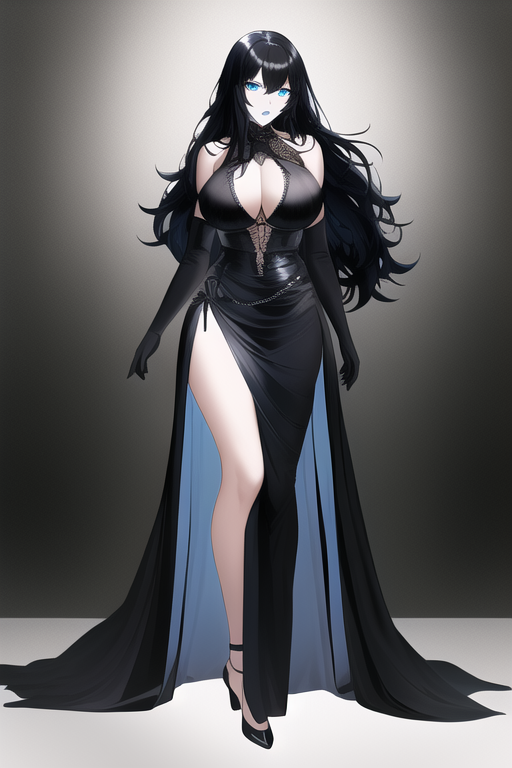 1girls ai_generated big_breasts black_hair blue_eyes breasts cleavage dress elbow_gloves female high_heels long_hair nai_diffusion raindle_oc solo solo_female solo_focus stable_diffusion yvaine_(raindle)