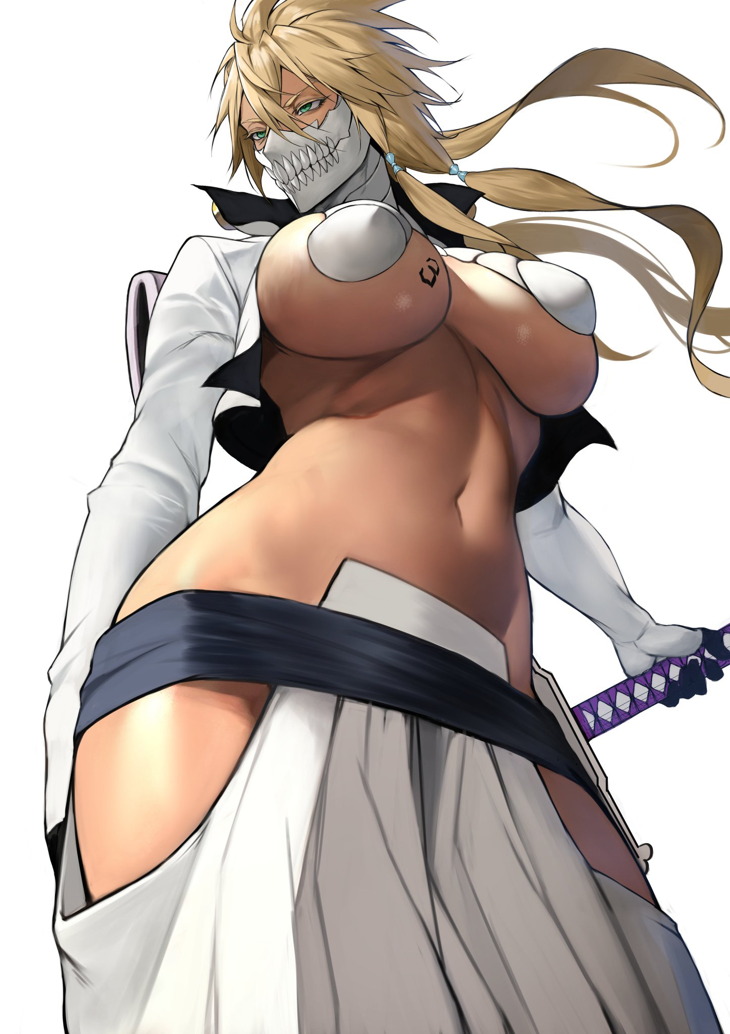 bleach, blonde hair, breasts, dark skin, dark-skinned female, female, green eyes, masked female, open clothes, sword, tattoo, tattoo on breast, tia harribel, yoshi55level