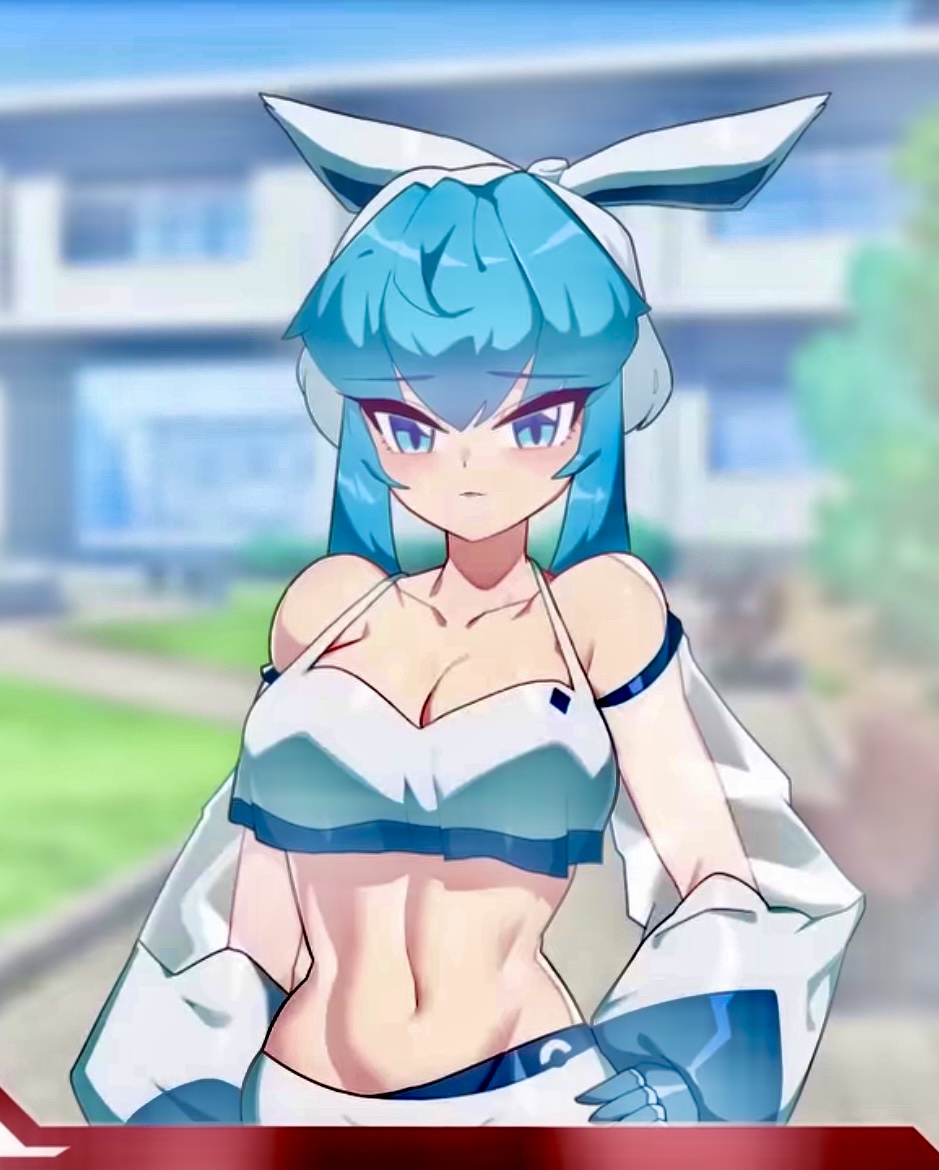 bare_shoulders belly_button blue_eyes blue_hair blush cleavage detailed_background drunkoak eeveelution female female_focus female_only glaceon hand_on_hip human nintendo pokemon pokemon_(species) see-through_clothing skinny