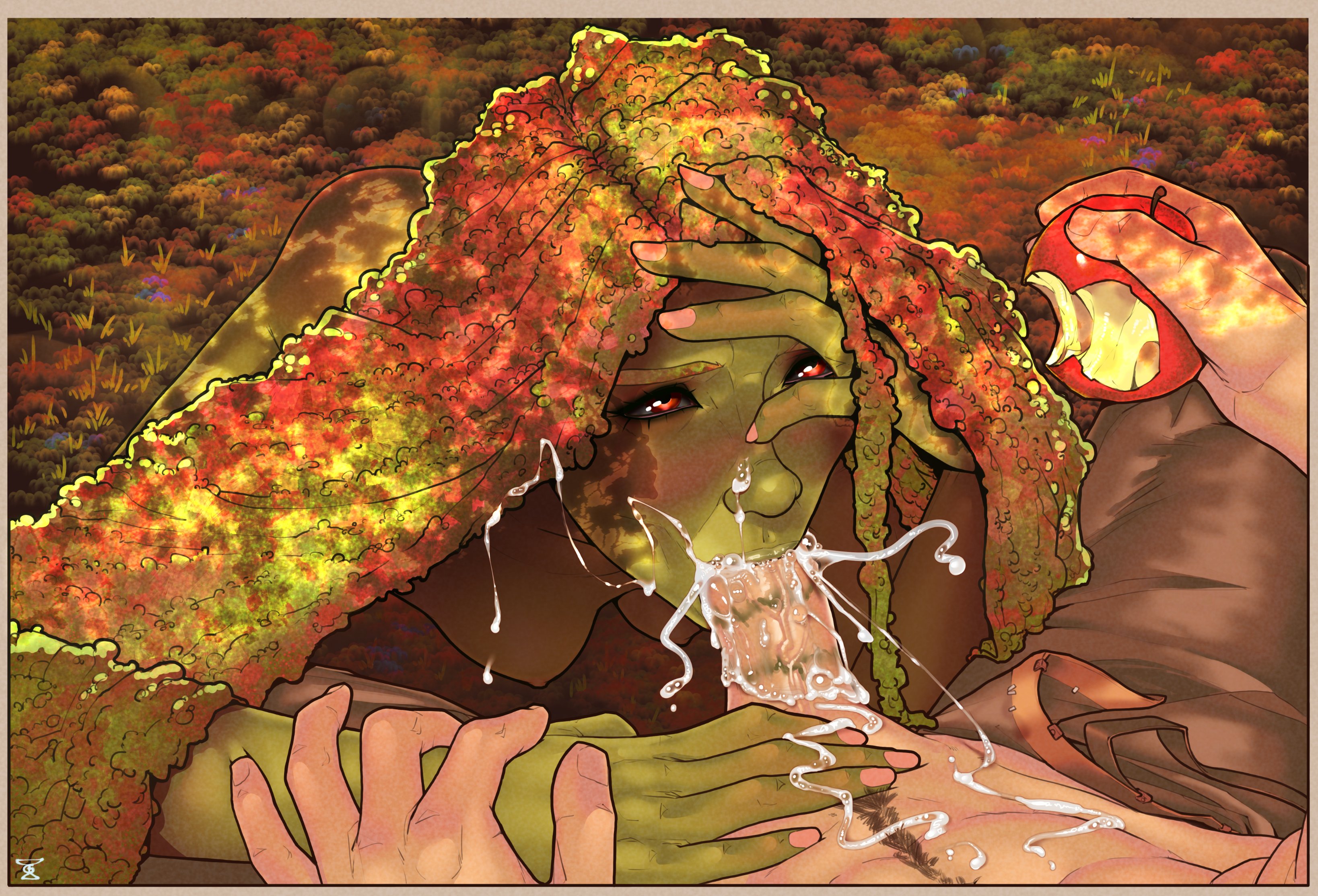 1boy, 1girls, apple, blush, cum, cum in mouth, cum inside, fellatio, female, food, galaad1800, green skin, green-skinned female, light skin, light-skinned male, lipstick on penis, looking at partner, male, moira (galaad1800), monster girl, oral, penis, red eyes, sex, unseen male face