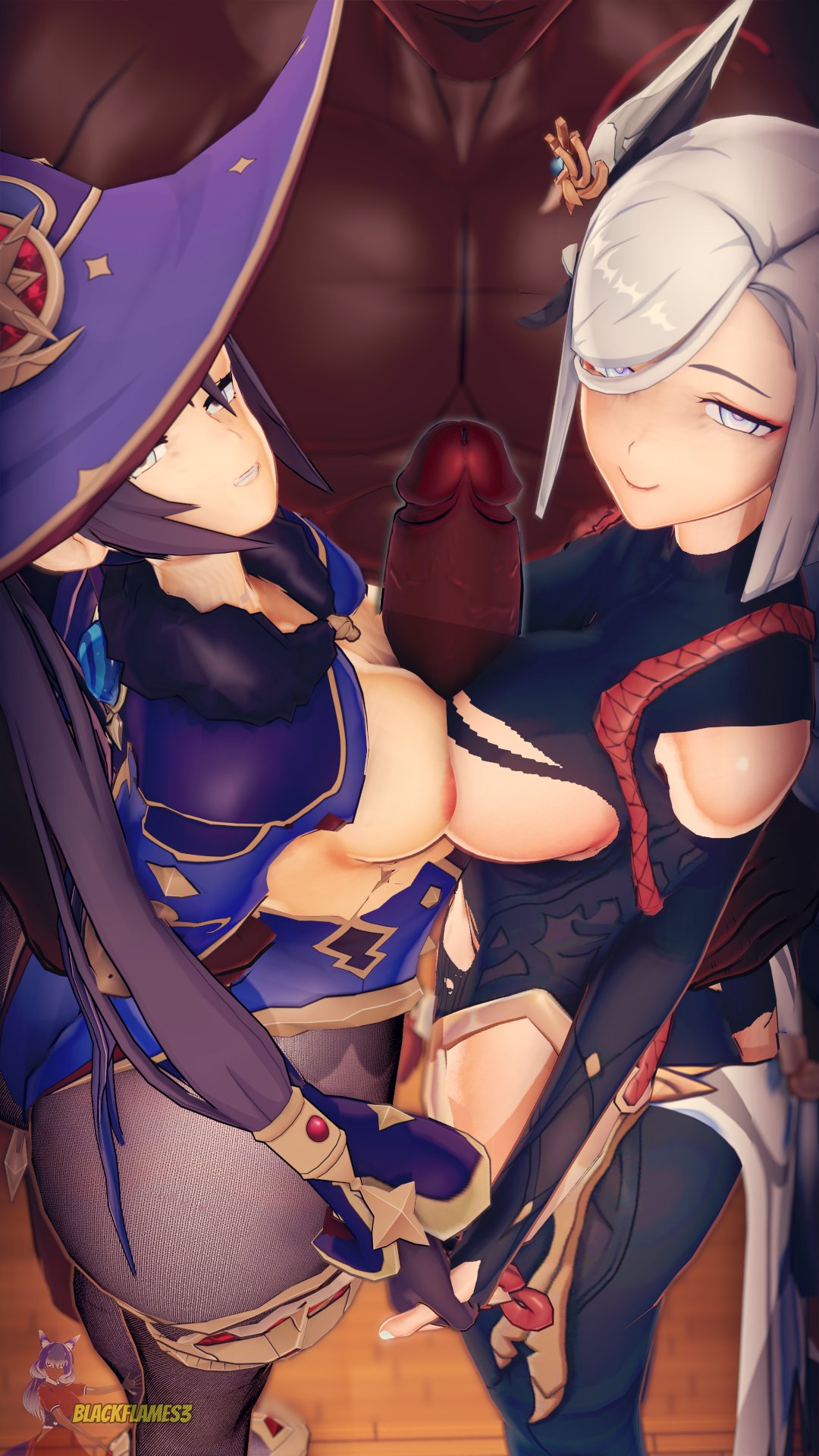 1boy, 2girls, 3d, ass, big ass, big breasts, big butt, big penis, black hair, blackflames3, breasts, breasts to breasts, dark skin, dark-skinned male, female, ffm threesome, genshin impact, holding hands, interracial, light skin, light-skinned female, looking at viewer, male, mona (genshin impact), nice ass, paizuri, penis, penis between breasts, shenhe (genshin impact), smile, standing, threesome, white hair