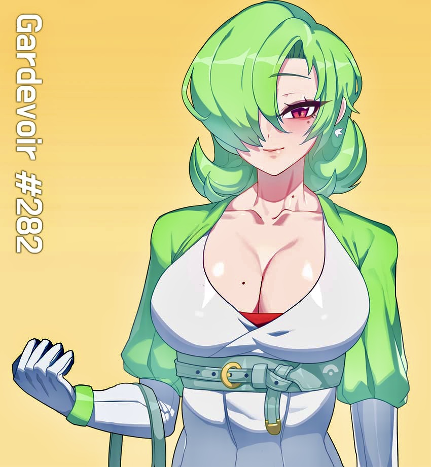 beauty_mark blush cleavage dress drunkoak female female_focus female_only gardevoir gijinka green_hair human humanized humanized_pokemon large_breasts light-skinned_female light_skin milf nintendo pokemon pokemon_(species) purse red_eyes smile yellow_background