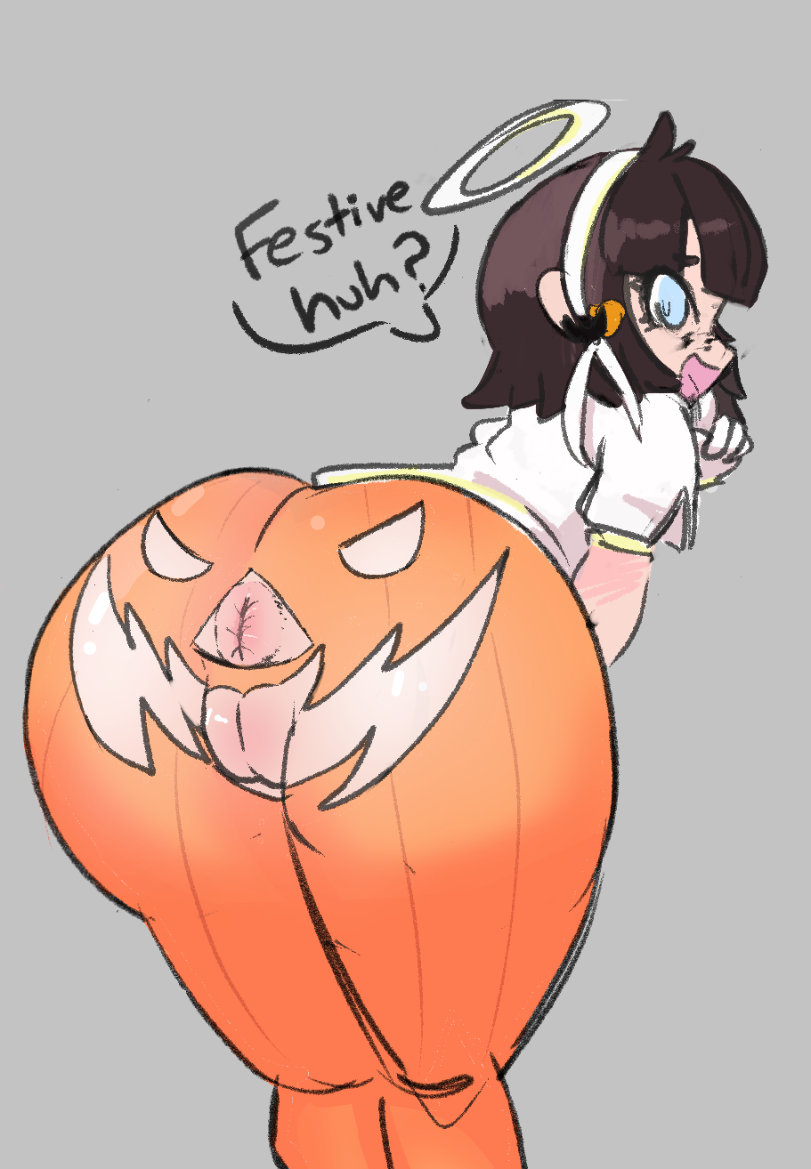 angel anus ass ass_focus azazel_(helltaker) black_hair blue_eyes donut_anus halloween halo helltaker milf pink_anus puffy_anus puffy_pussy tights twonuki