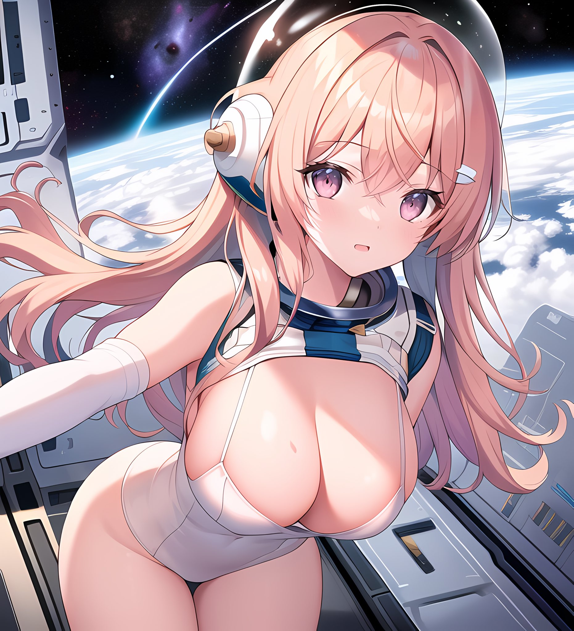 1girls, ai generated, astronaut, big breasts, breasts, bulging breasts, female, female only, high resolution, highres, looking at viewer, nai diffusion, original, pink hair, solo, space, stable diffusion, stuffyai