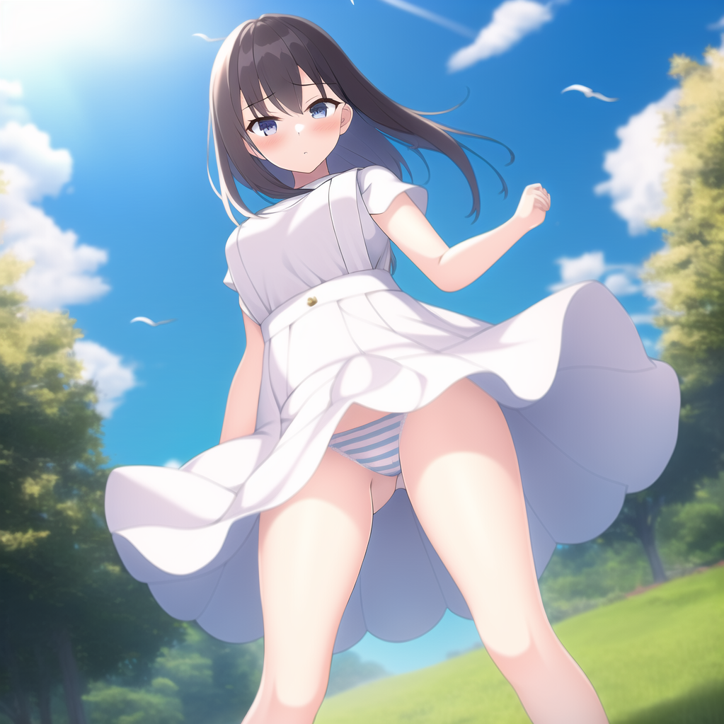 ai_generated artist_request bad_id black_hair blue_eyes confused cute ecchi female innocent nai_diffusion outdoors panchira panties pantsu pantyshot pantyshot_(standing) shimapan stable_diffusion striped_panties white_dress wikipedia