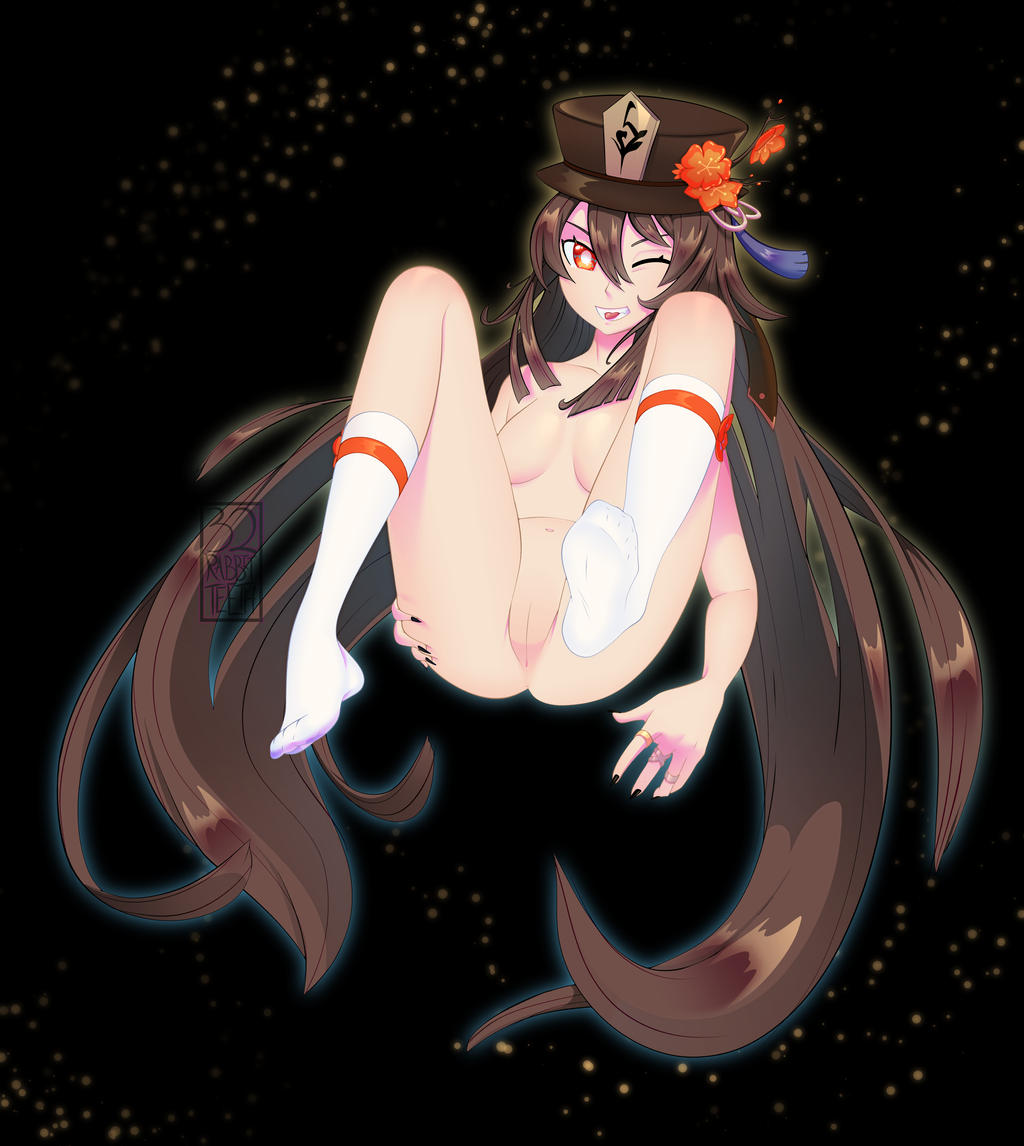 32rabbitteeth brown_hair female genshin_impact hat hu_tao_(genshin_impact) large_breasts orange_eyes pussy ring socks solo very_long_hair white_socks wink