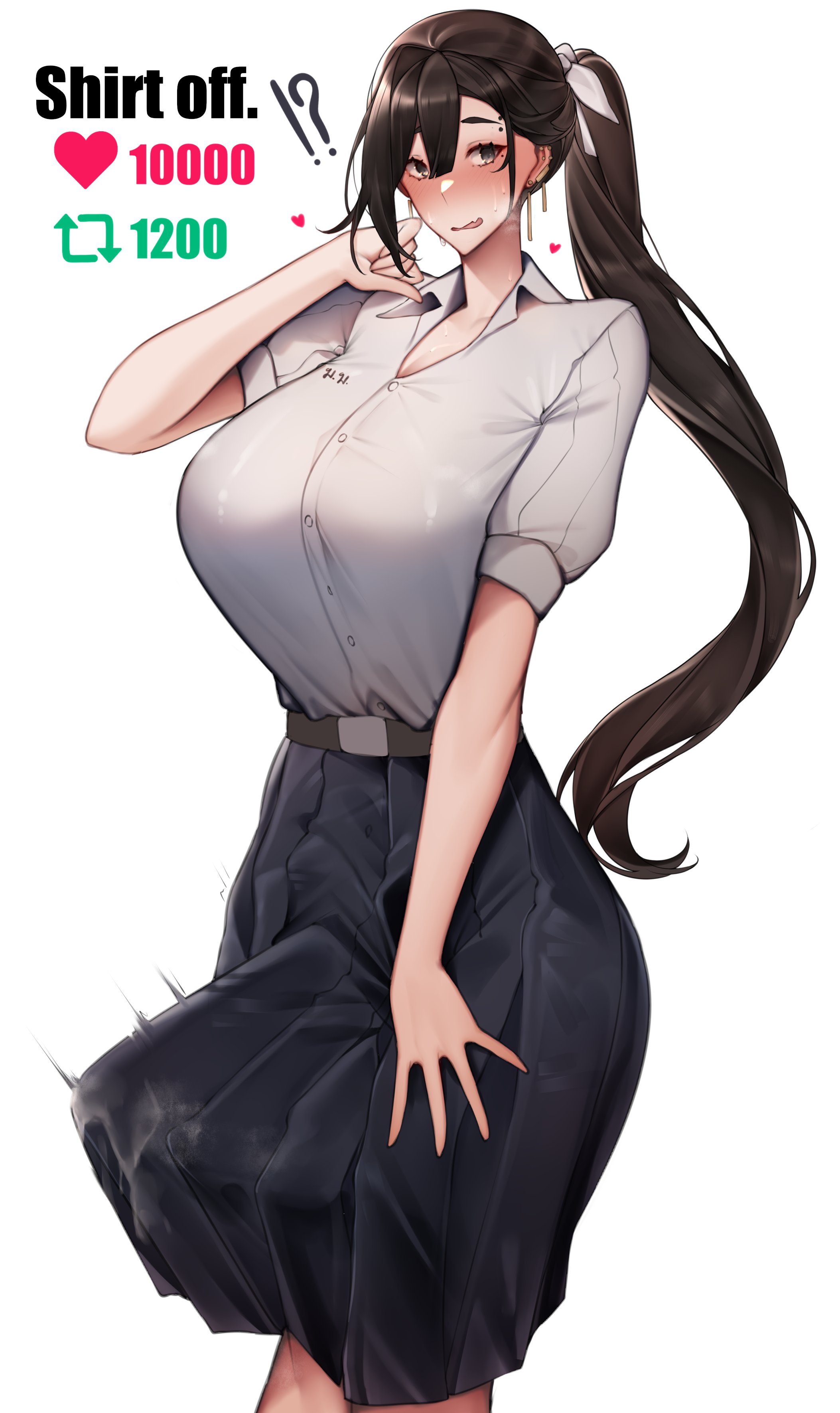 1futa, big breasts, big penis, black hair, blush, blushing, boner, boner under clothes, breasts, bulge, bulge through clothing, busty, clothed, clothing, erect penis, erection, erection under clothes, erection under clothing, erection under skirt, fully clothed, futa only, futanari, hips, huge breasts, huge cock, human, intersex, large breasts, large penis, light skin, light-skinned futa, long hair, niwada (unbeller), original, penis, penis bulge, ponytail, solo, standing, strip game, tenting, thick, tied hair, unbeller, wide hips