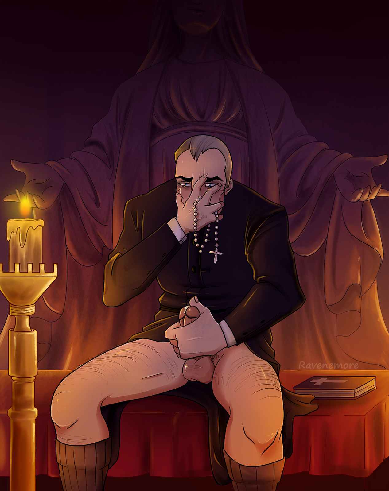 1boy, balls, blizzard entertainment, blush, blushing, body hair, boner, clothed, clothing, cross necklace, cum, dilf, erect penis, erection, male, male only, masturbation, muscles, older male, overwatch, pants down, pants removed, pantsless, penis, precum, priest, ravenemore, sigma (overwatch), socks, solo, solo male, tears