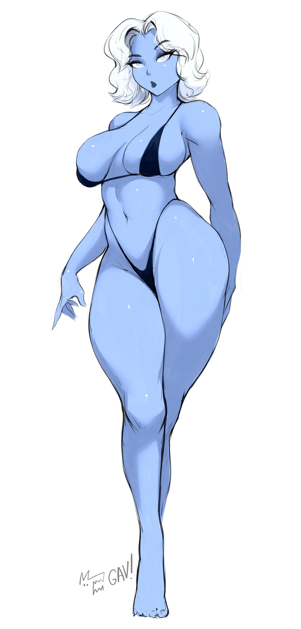 1girls, aleksandrgav, bikini, black bikini, blue skin, commission, curvaceous, curvy body, curvy figure, female, female focus, female only, long hair, looking at viewer, original, original character, tagme, white hair