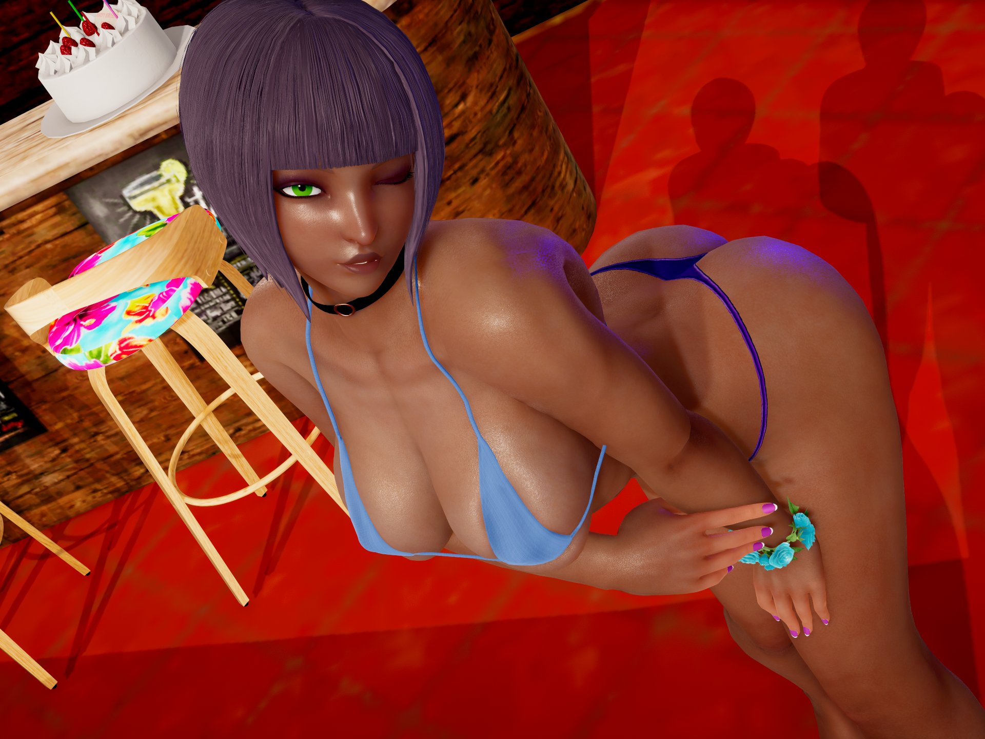 3d, choker, dark skin, dark-skinned female, ecchi fighties, female, green eyes, looking at viewer, menat (street fighter), one eye closed, purple hair, solo, street fighter, street fighter v