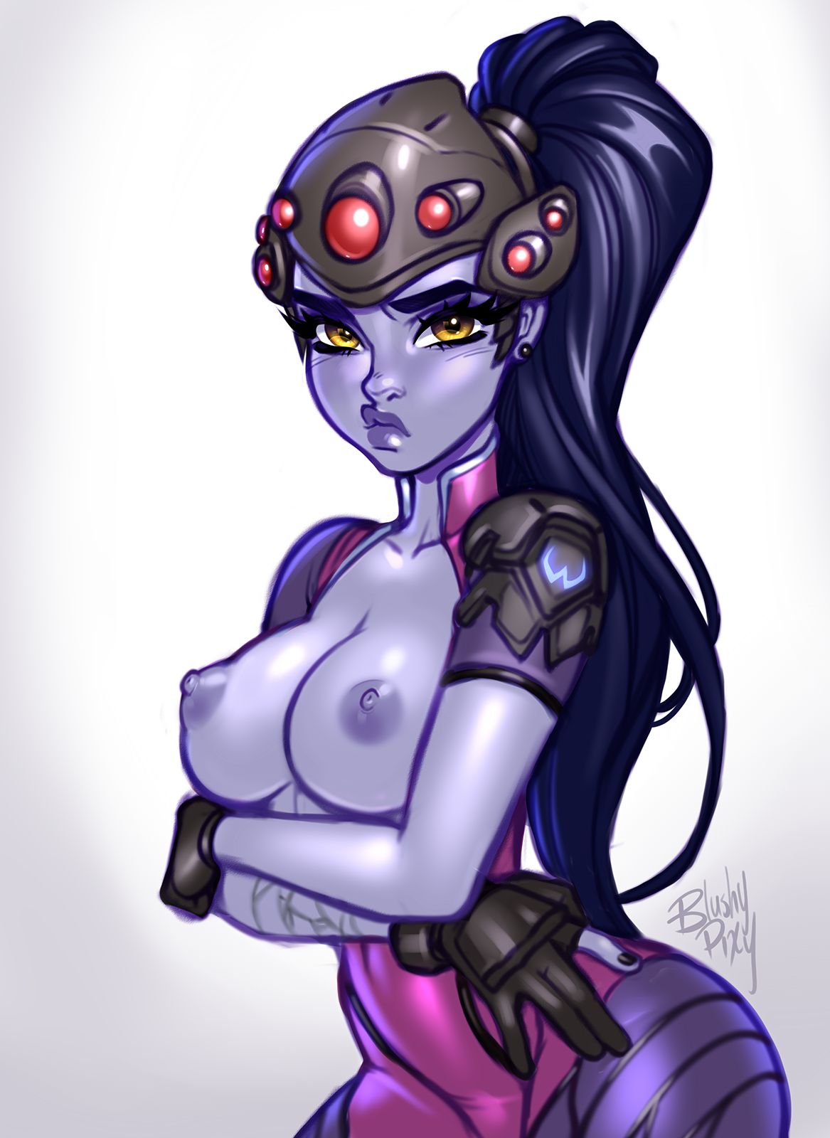 arms crossed, arms crossed under breasts, blushypixy, blushyspicy, boob window, breasts, female, long hair, nipples, overwatch, pout, widowmaker