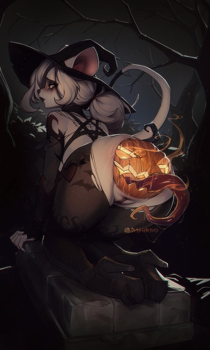 1girls, anal, anal destruction, anal insertion, anal stretching, anthro, artist signature, dash ravo, female, large insertion, pumpkin, raised tail, ridiculous fit, stockings, stretched anus, white hair, witch hat