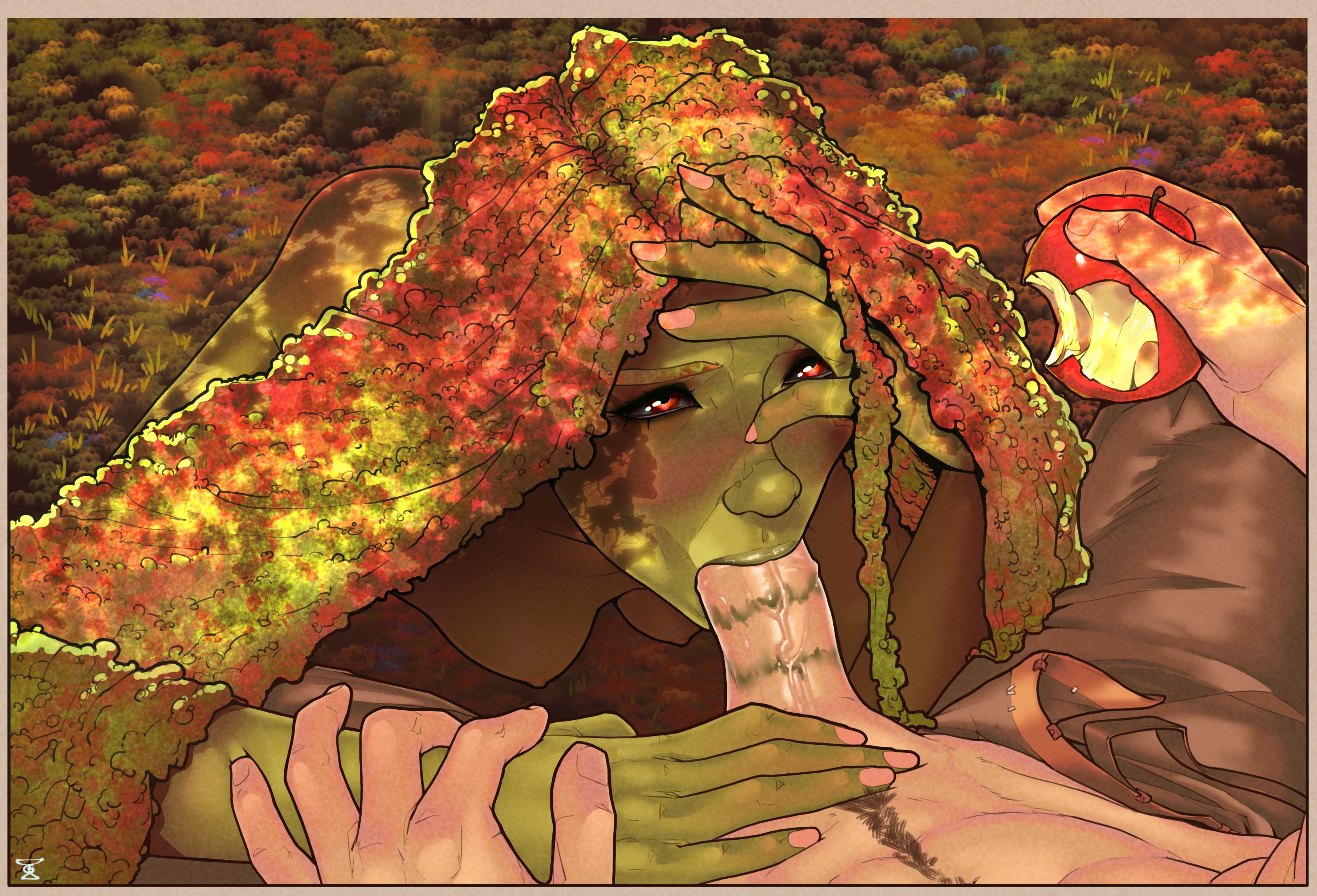1boy, 1girls, apple, blush, fellatio, female, food, galaad1800, green lipstick, green lipstick mark on penis, green skin, green-skinned female, light skin, light-skinned male, lipstick on penis, looking at partner, male, moira (galaad1800), monster girl, oral, penis, red eyes, sex, unseen male face