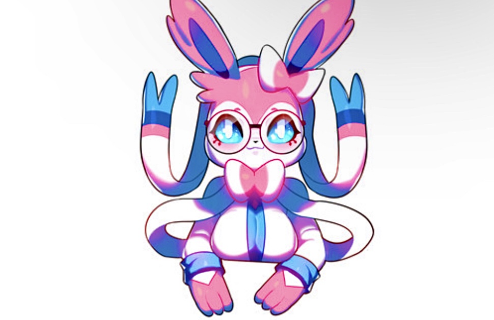 blue_eyes blush cleavage drunkoak eeveelution female female_focus female_only generation_6_pokemon glasses open_mouth pink_hair pokémon_(species) pokemon pokemon_(species) pokemon_xy ribbons smile sylveon