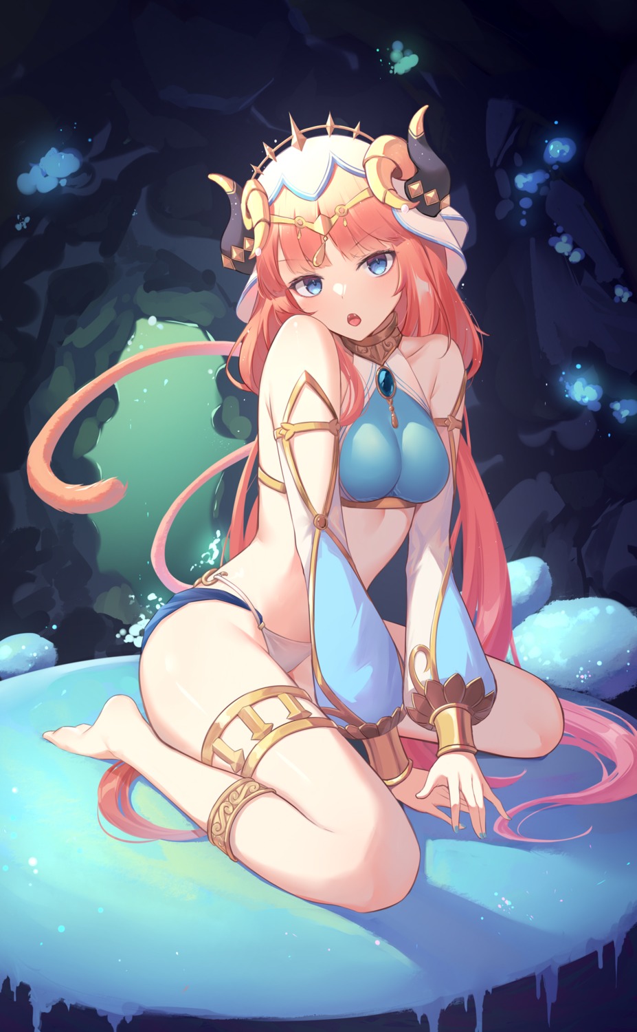 1girls, artist request, bare midriff, barefoot, blue eyes, breasts, detached sleeves, female, female only, genshin impact, nail polish, nilou (genshin impact), red hair, sitting