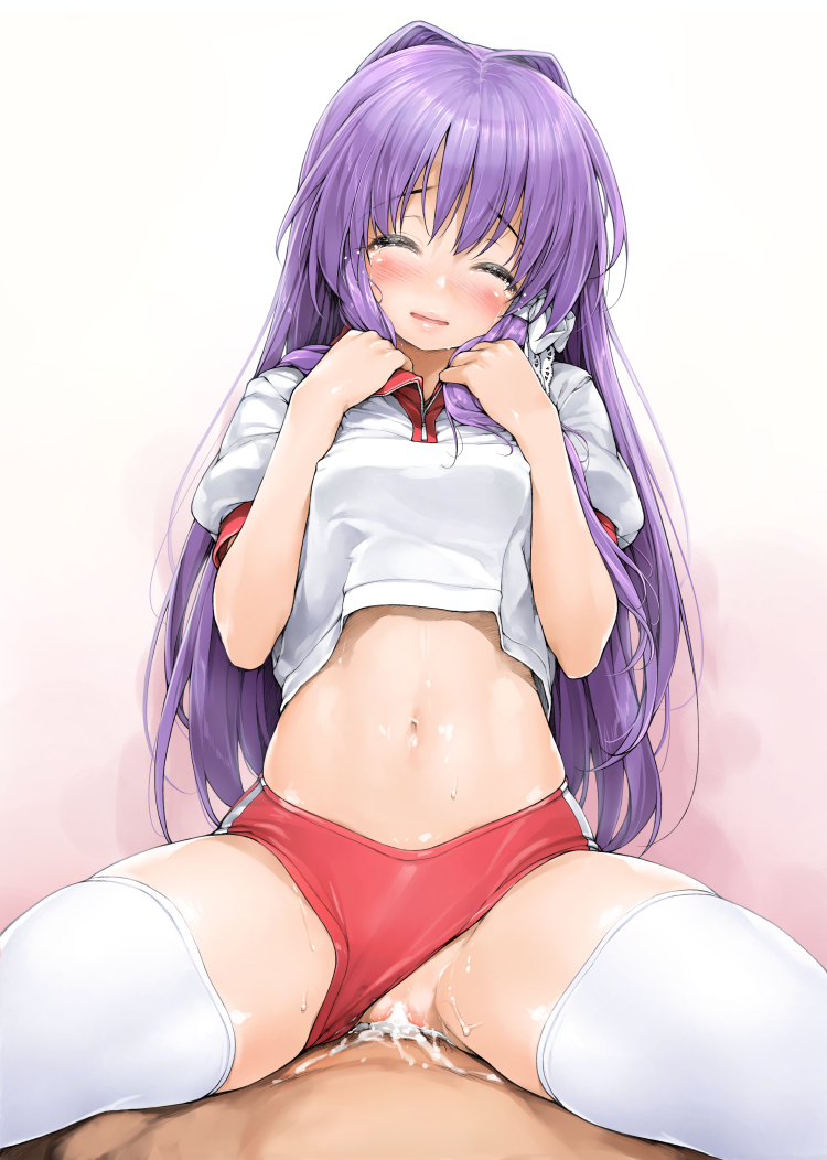 1boy blush bottomwear_aside buruma buruma_aside clannad closed_eyes clothing_aside commentary_request cowgirl_position cum cum_in_pussy cum_inside female fujibayashi_kyou gym_uniform ishikei long_hair medium_breasts midriff navel nipples pov purple_hair pussy pussy_juice sex socks solo_focus straddling straight tears thigh_socks thighhighs uncensored vaginal_penetration white_socks