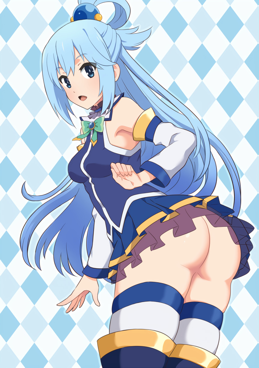 1girls, 2d, 2d (artwork), aqua (konosuba), ass, blue eyes, blue hair, breasts, female, female only, highres, kono subarashii sekai ni shukufuku wo!, long hair, looking at viewer, looking back, medium breasts, miripippo, no panties, open mouth, pantyless, rear view, skirt, solo, thigh boots, thighhighs, white thighhighs
