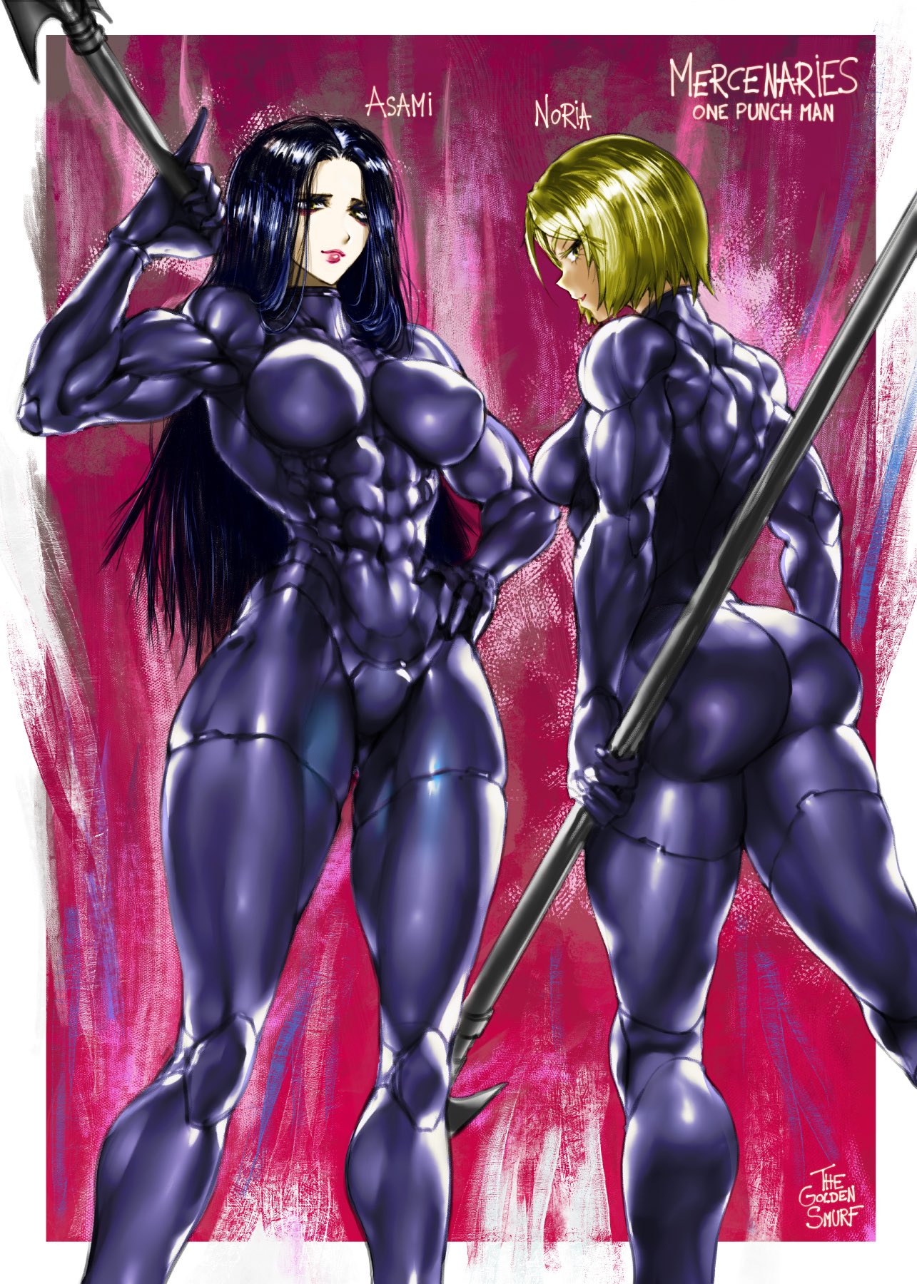 2girls, abs, asami (one-punch man), ass, black hair, blonde hair, bodysuit, breasts, female, female only, long hair, looking at viewer, medium hair, muscles, muscular, muscular female, nipple bulge, noria (one-punch man), one-punch man, spear, tagme, thegoldensmurf