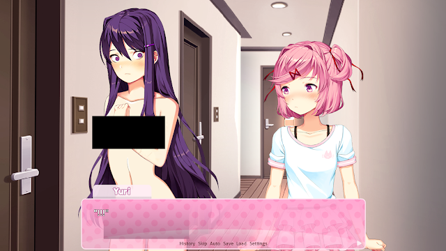 ! !! !!! 2girls black_bar black_bar_censoring black_bra black_bra_straps blush bra_strap censor_bar censored censored_breasts censored_pussy ddlc_text_box dialogue doki_doki_literature_club duo female female_only multiple_girls naked natsuki_(doki_doki_literature_club) nude nudist pink_eyes pink_hair purple_eyes purple_hair shirt standing suprised suprised_expression suprised_look text text_box the_bike white_shirt yuri_(doki_doki_literature_club)