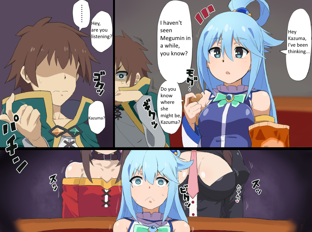 1boy 3girls aqua_(konosuba) black_hair blue_eyes blue_hair breasts brown_hair comic empty_eyes english_text female femsub finger_snap green_eyes hard_translated kono_subarashii_sekai_ni_shukufuku_wo! male megumin mind_arc mind_control multiple_girls rape satou_kazuma snapping_fingers text translated yunyun_(konosuba)