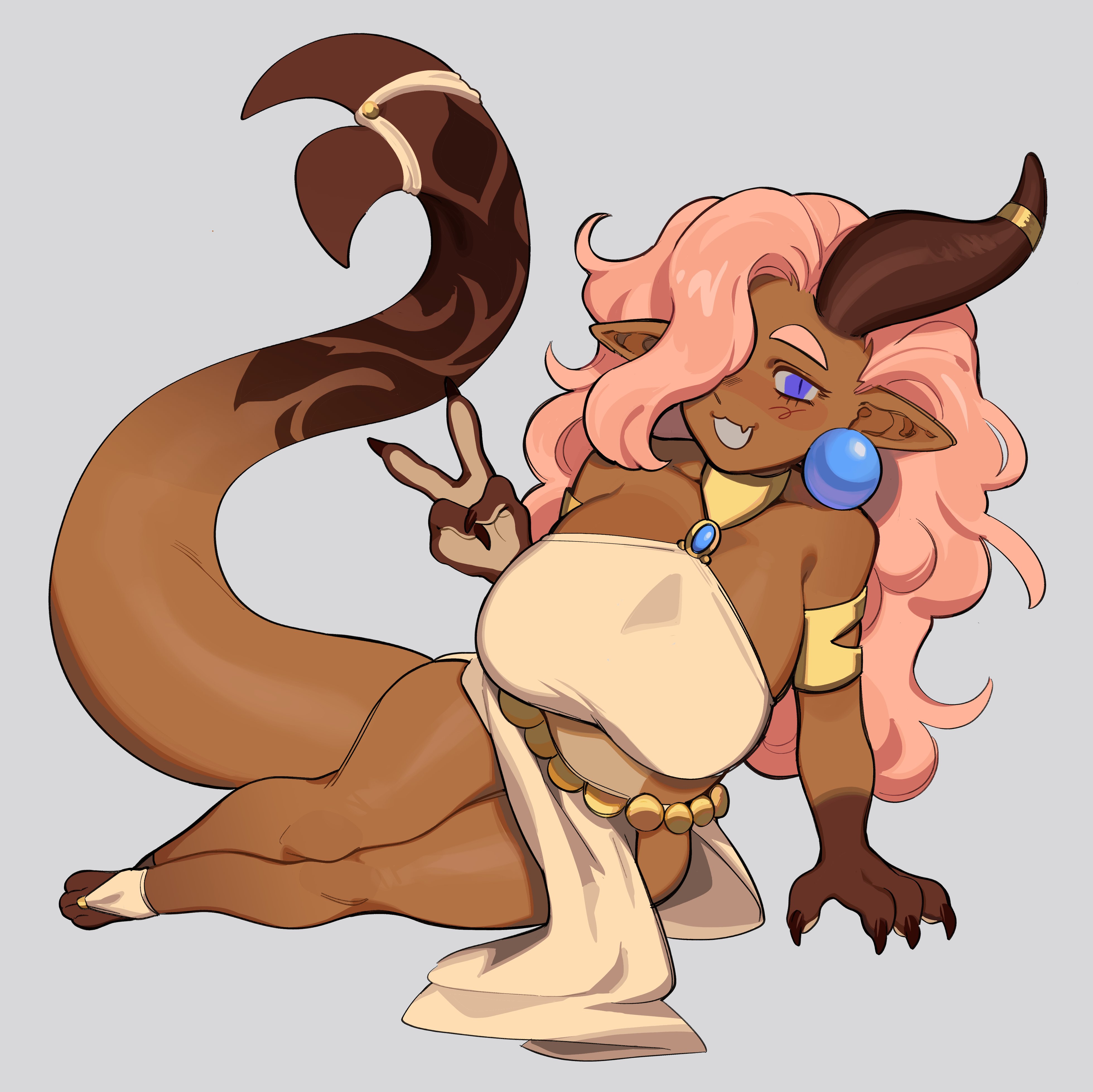 1girls, absurd res, anthro, bare shoulders, big breasts, blue eyes, blush, breasts, brown body, collar, cuffs, dragon, dragon horns, dragon tail, earrings, female, female only, forked tail, grey background, hair on horn, hair over one eye, horns, loincloth, long hair, looking at viewer, on side, original, pink hair, pointy ears, porqueloin, slit pupils, smiling, smiling at viewer, solo, sopra (porqueloin), tail, teeth showing, v sign