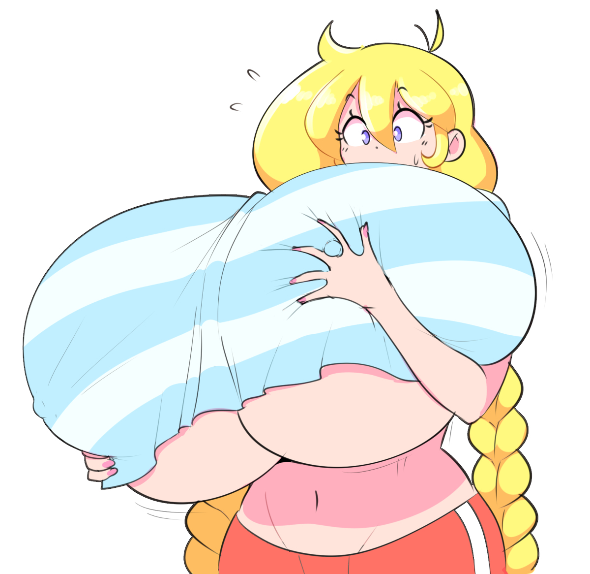 1girls, 2019, big breasts, blonde hair, braided hair, braided twintails, breasts, cassie (theycallhimcake), clothed, clothes, clothing, female, female focus, female only, gigantic breasts, holding breast, holding own breast, huge breasts, human, human only, hyper, hyper breasts, large breasts, long hair, looking down, midriff, nipple bulge, shorts, simple background, size fetish, solo, solo female, solo focus, theycallhimcake, top heavy, twintails, underboob, white background