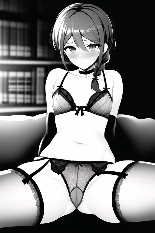 1girls ai_generated alter_ego blush books bookshelf braid choker couch elbow_gloves es_(alter_ego) female_only garter_straps greyscale library lingerie nai_diffusion solo_female spread_legs stable_diffusion thighhighs