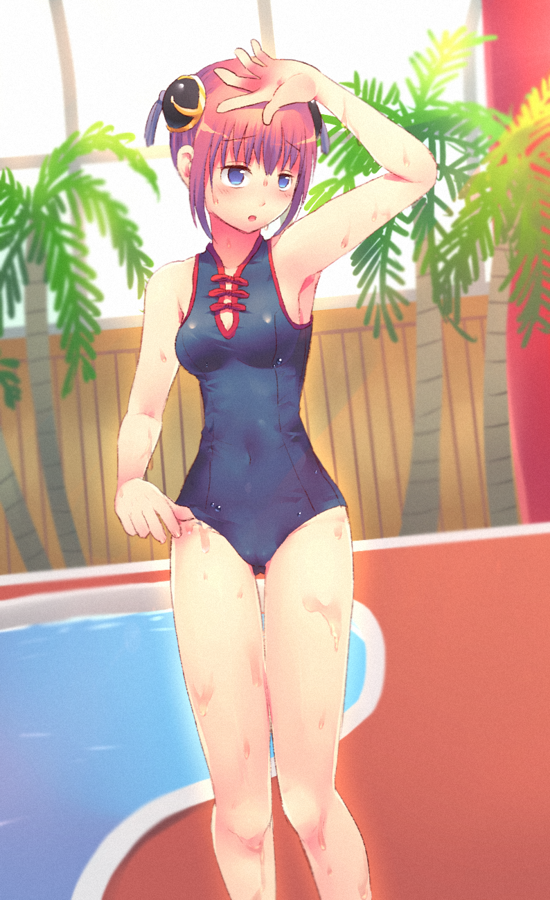 alternate_costume blue_eyes blush bun_cover cameltoe chinese_clothes detailed_background double_bun female ginkamiaki gintama hair_ornament kagura_(gintama) one-piece_swimsuit orange_hair pool small_breasts solo swimsuit teenage_girl teenager thigh_gap wet_skin young