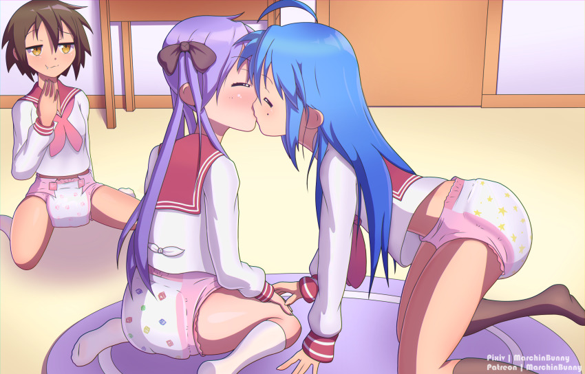 3girls all_fours blue_hair bow_in_hair breasts brown_eyes brown_hair closed_eyes diaper diapered_lovers kagami_hiiragi kissing kneeling konata_izumi long_hair lucky_star marchinbunny medium_breasts misao_kusakabe mole_under_eye multiple_girls no_pants on_floor pink_diaper purple_hair school_uniform short_hair socks twintails yuri