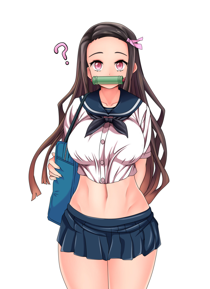 1girls bit_gag black_hair blue_skirt breasts demon_slayer gag gagged kamado_nezuko kimetsu_no_yaiba large_breasts long_hair looking_at_viewer midriff navel pink_eyes pzpana ribbon_in_hair school_bag school_uniform shirt shoulder_bag skirt white_background white_shirt