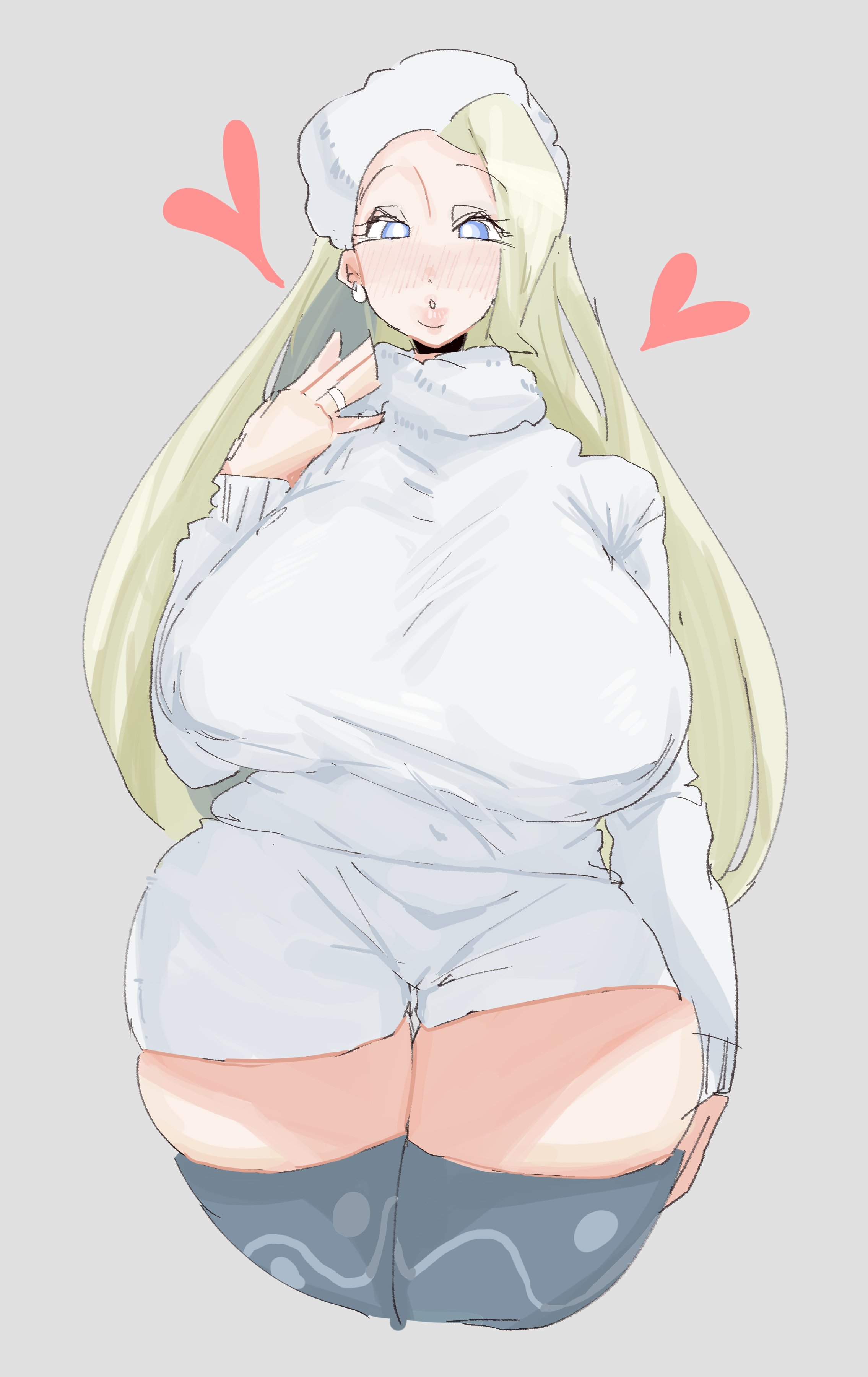 1girls, big breasts, blue eyes, blue hair, blue thighhighs, blush, bottom lip, breasts, clothing, earrings, female, female only, fur hat, game freak, hair, hat, headwear, heart, huge breasts, leebongchun, legwear, lips, long hair, mature, mature female, melony (pokemon), milf, mother, nipple bulge, nipples, nipples visible through clothing, pearl earrings, pokemon, pokemon ss, ring, ring (jewelry), solo, solo female, streaked hair, sweater, sweater dress, thick thighs, thighhighs, thighs, two-tone hair, white hair, white sweater