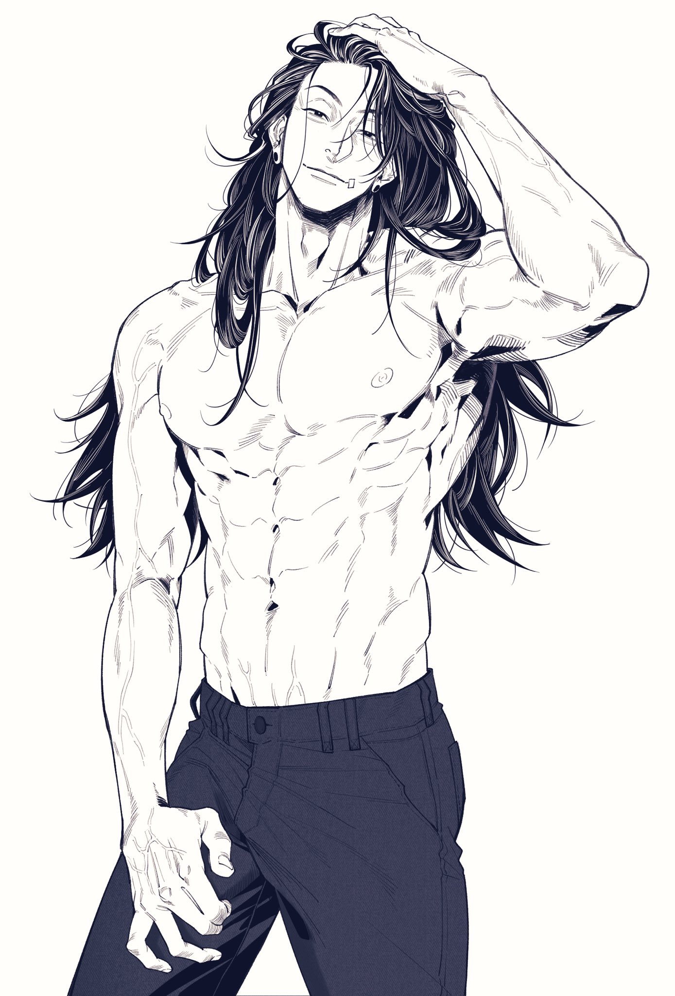 1boy, abs, asian male, bandage, biceps, bingle being, black hair, ear piercing, exposed torso, jujutsu kaisen, large pectorals, long hair, long-haired male, looking at viewer, male, male only, monochrome, muscular, muscular male, obliques, pants, pecs, pectorals, piercing, shirtless, six pack, solo, solo male, suguru geto, topless, topless male, veins